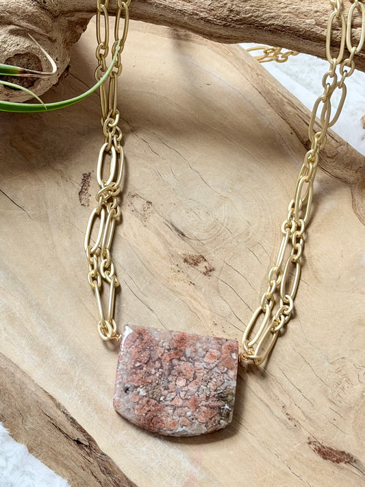 Pink Ocean Agate + Matte Gold Double Chain Necklace