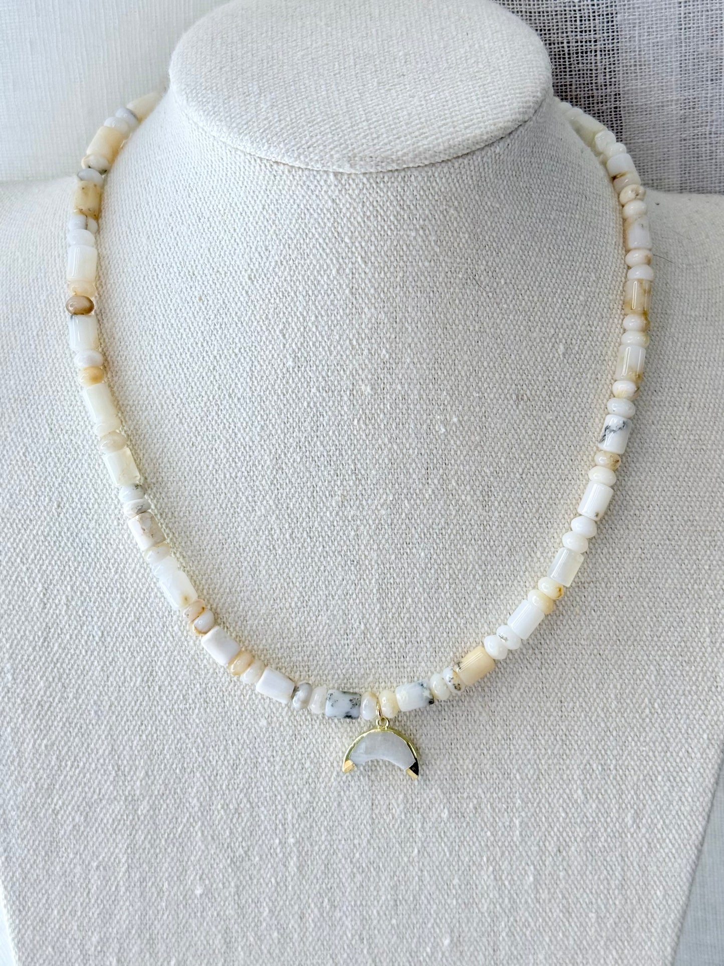 White Opal + Moonstone Moon Pendant Necklace