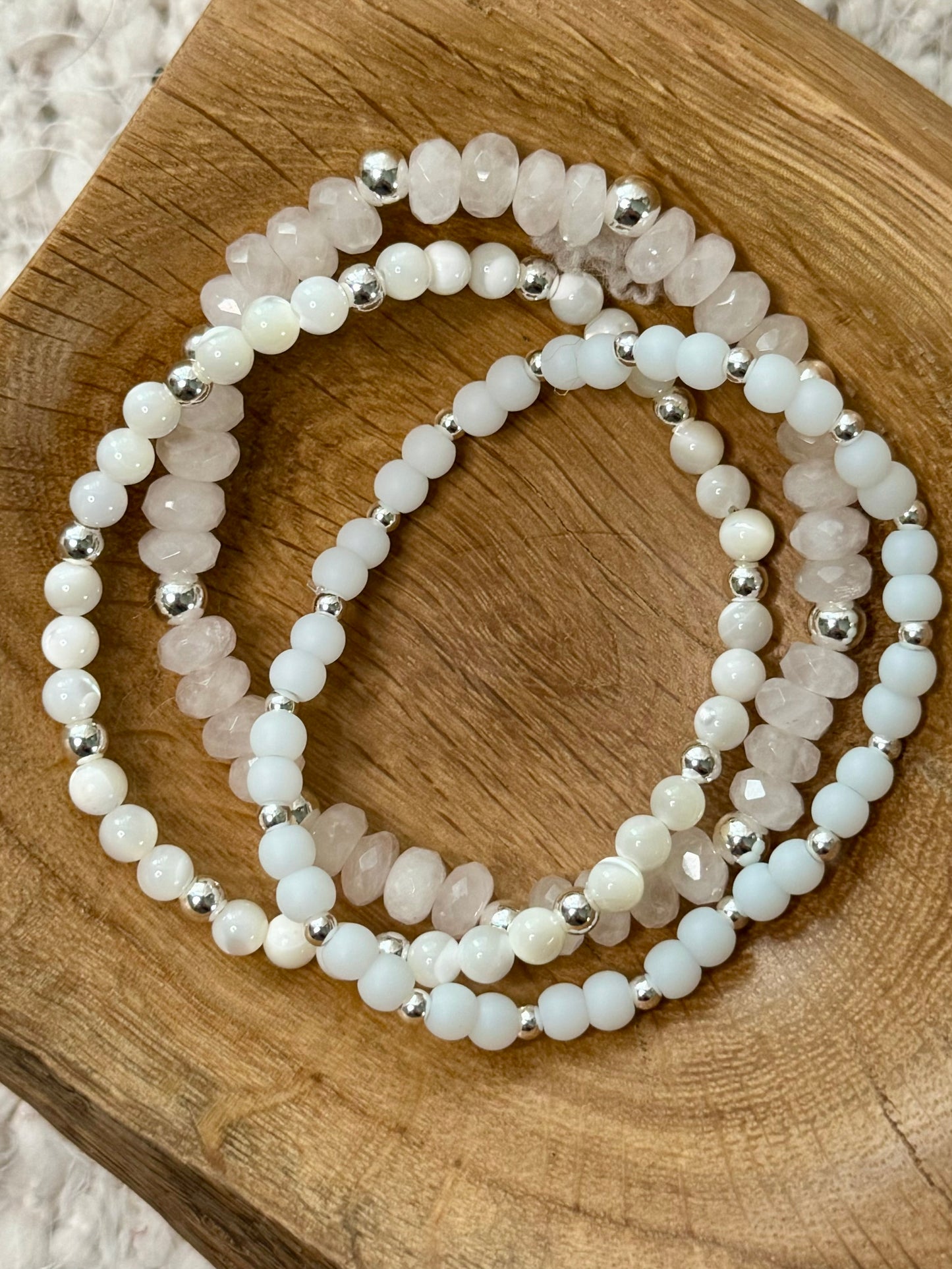 Sea Glass + Rose Quartz in Silver (3-stack)