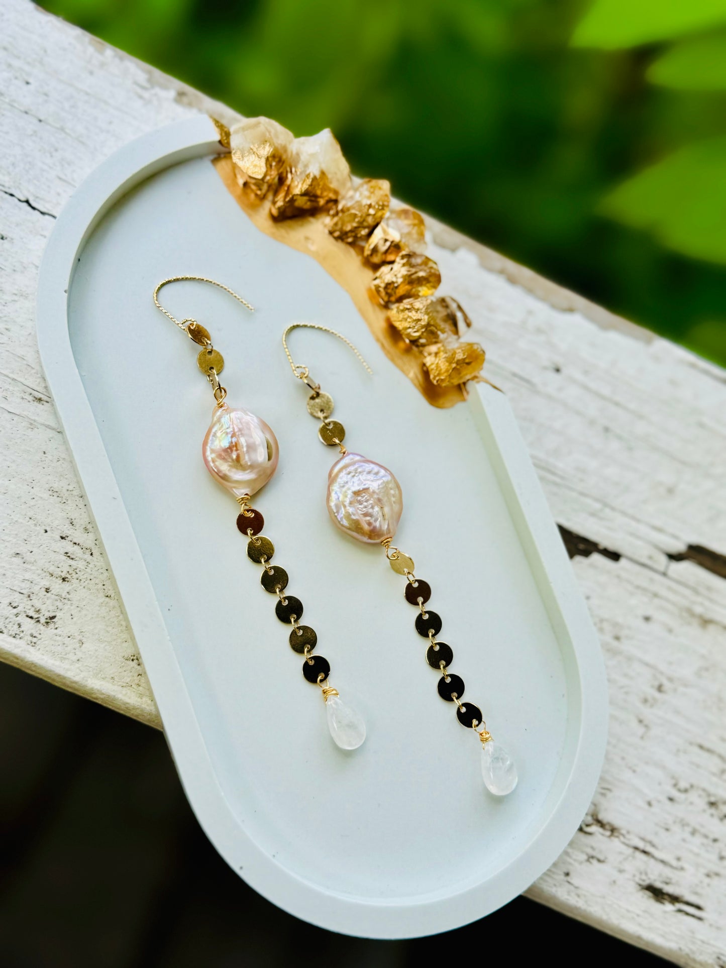 Freshwater Pearl + Moonstone Gold Drop Earrings