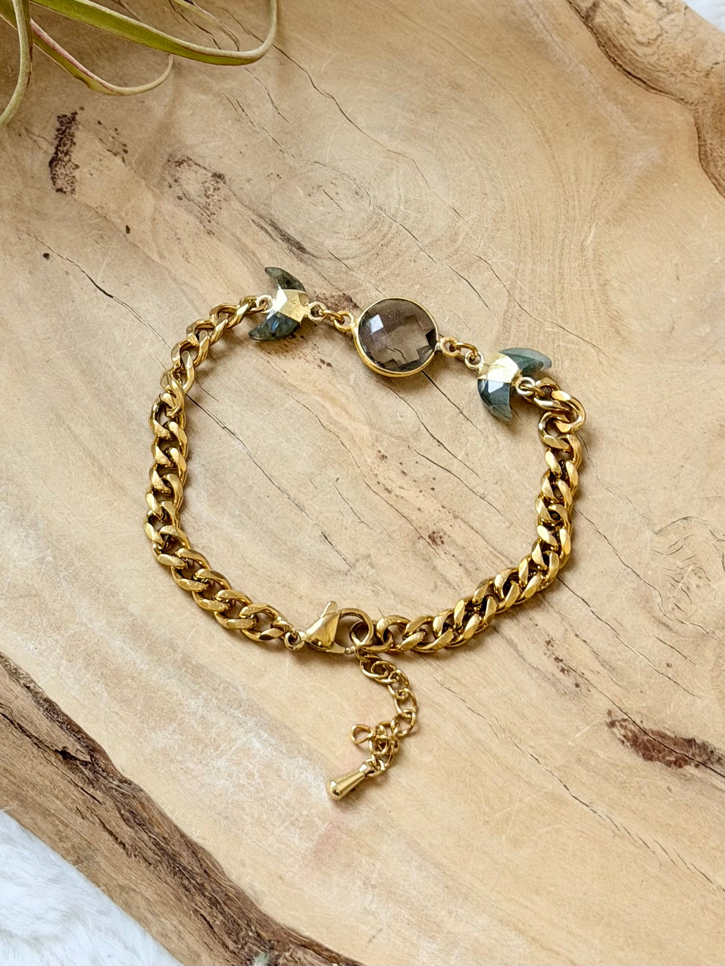 Smoky Quartz + Labradorite Gold Moon Bracelet