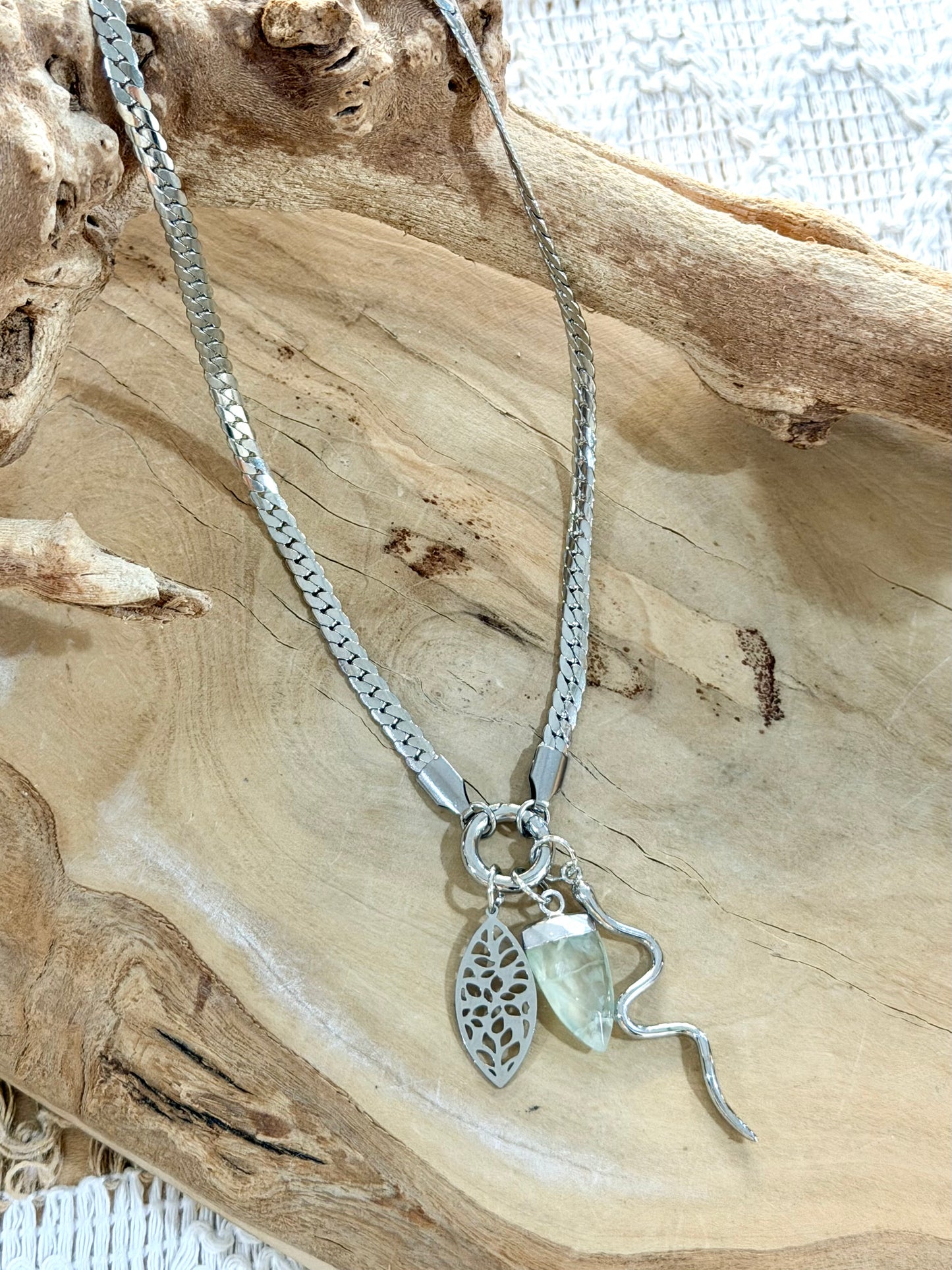 Prehnite + Silver Carabiner Charm Necklace