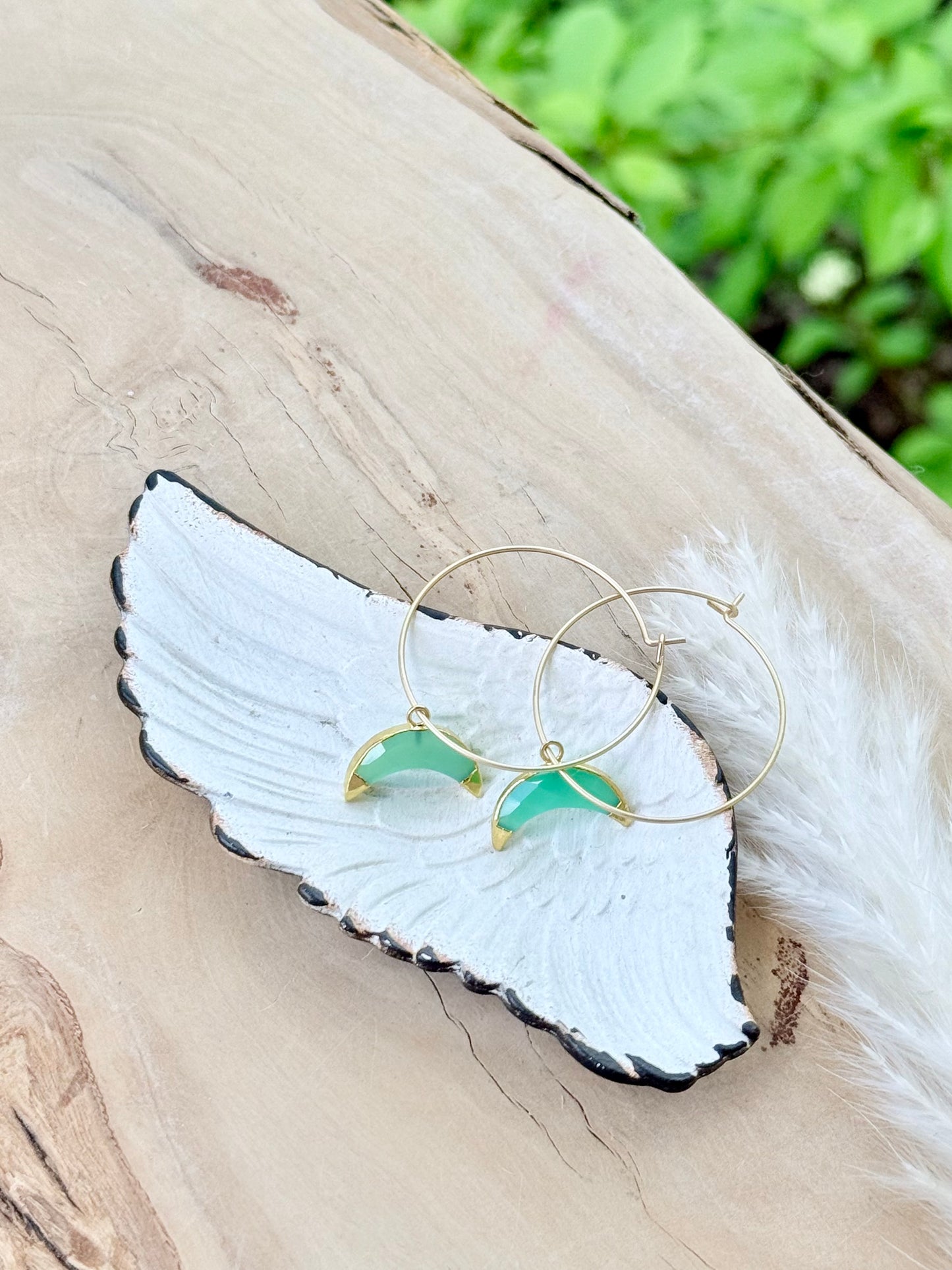 Chrysoprase Moon + Matte Gold Hoop Earrings