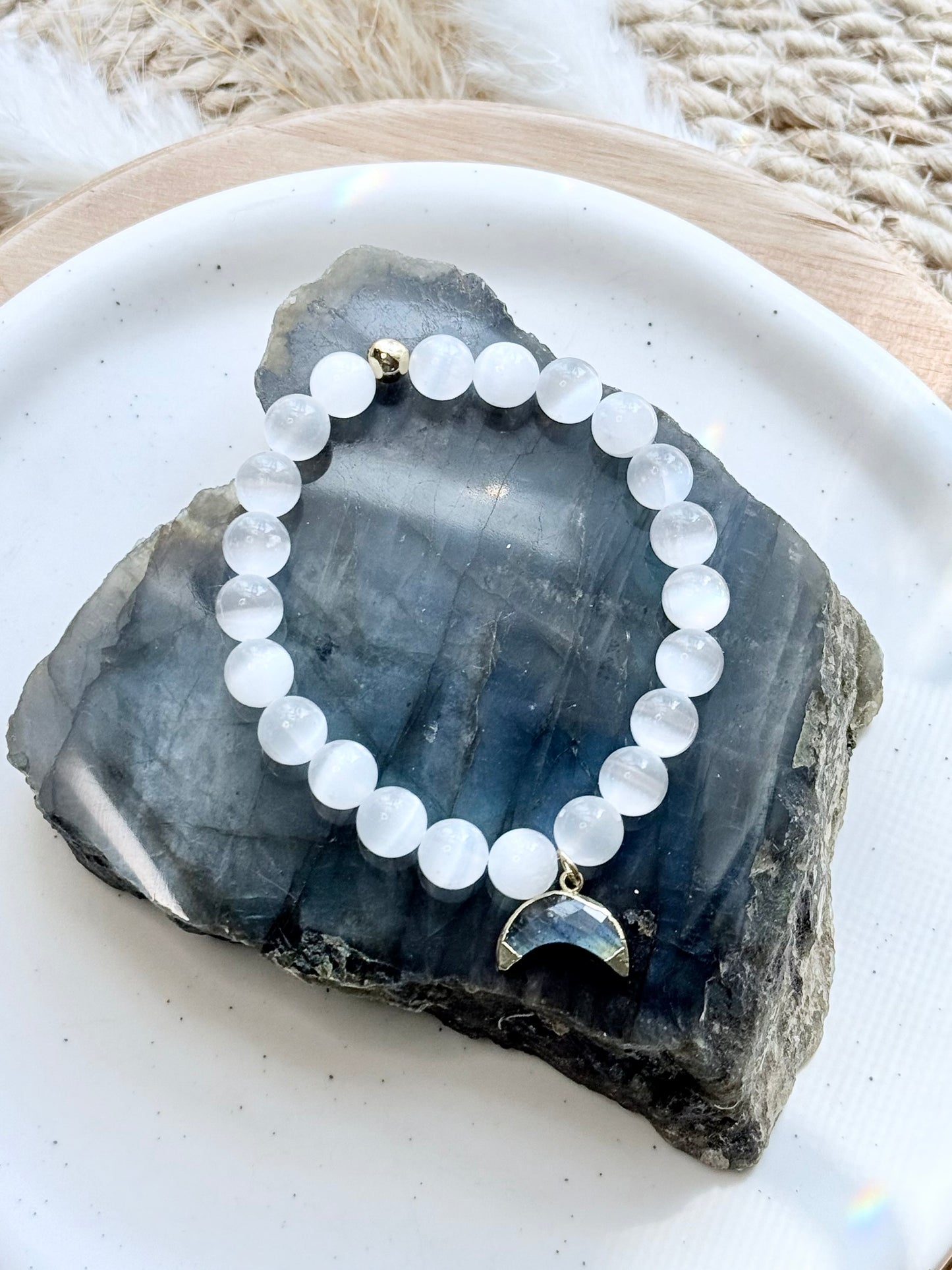 Selenite + Labradorite Gemstone Pendant Bracelet
