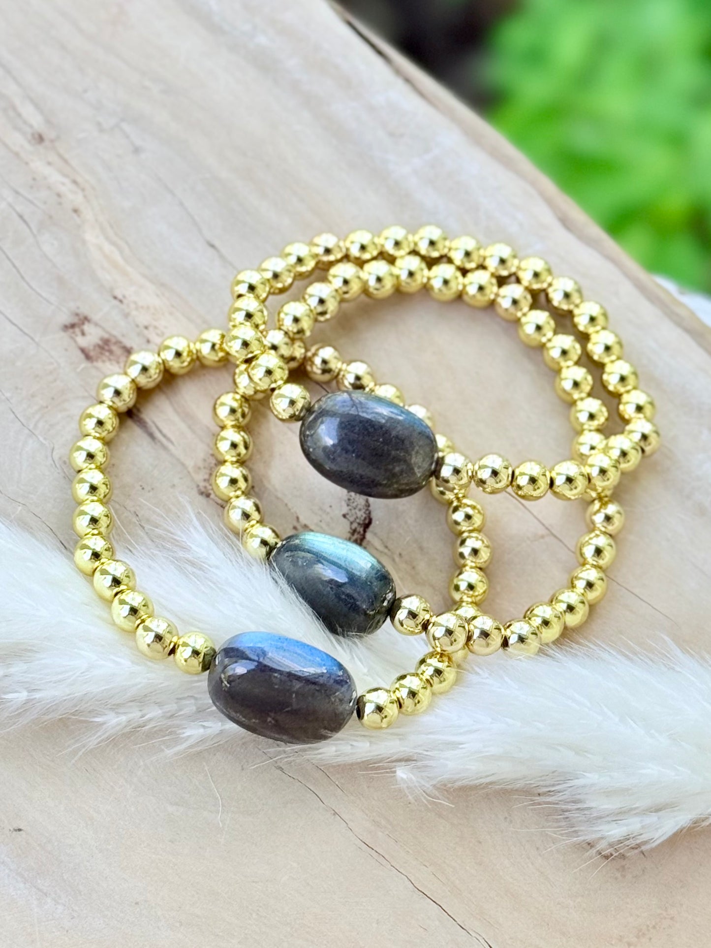 Chunky Labradorite + Gold Beaded Bracelet