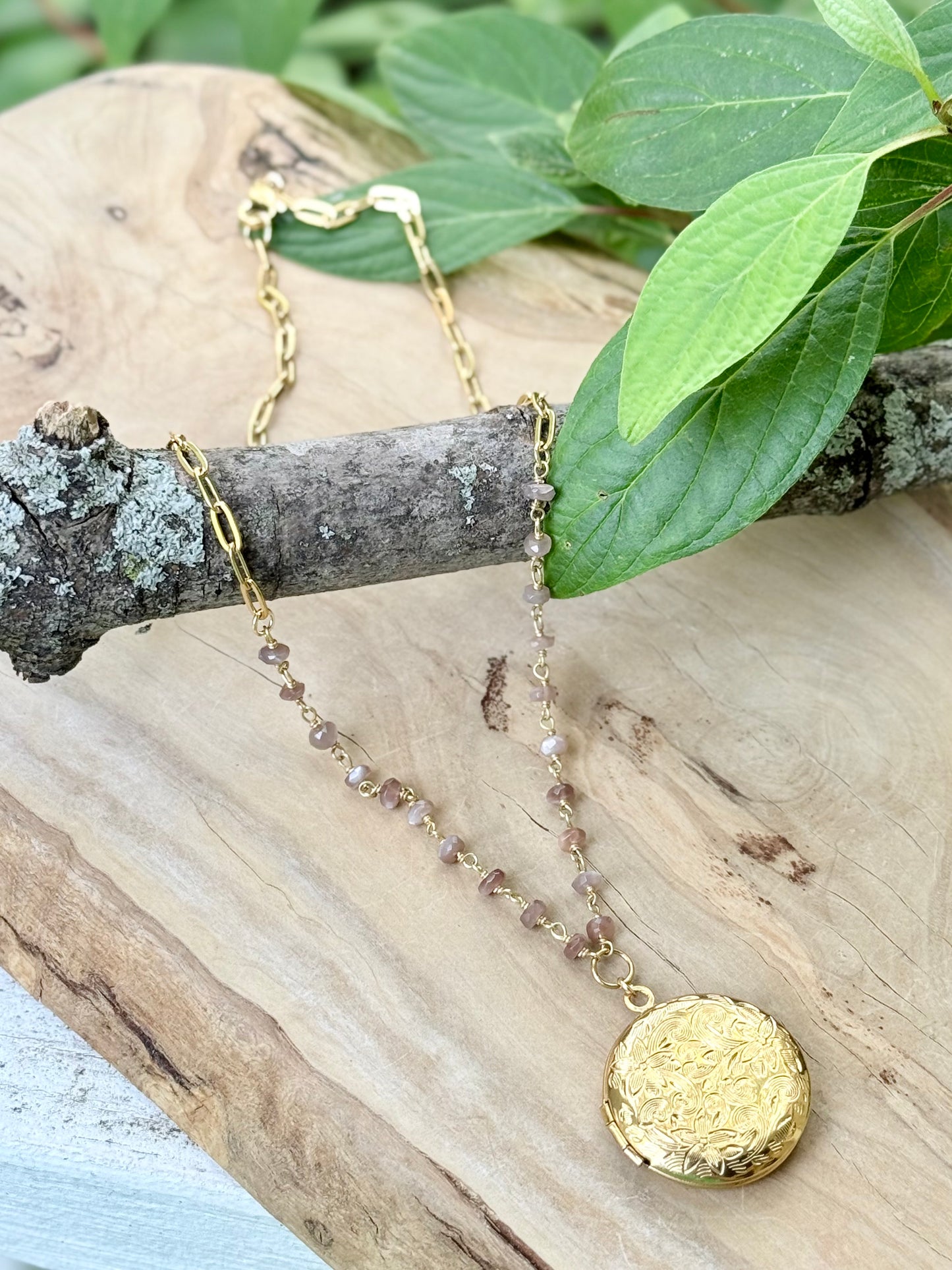 Chocolate Moonstone + Gold Circle Locket Necklace