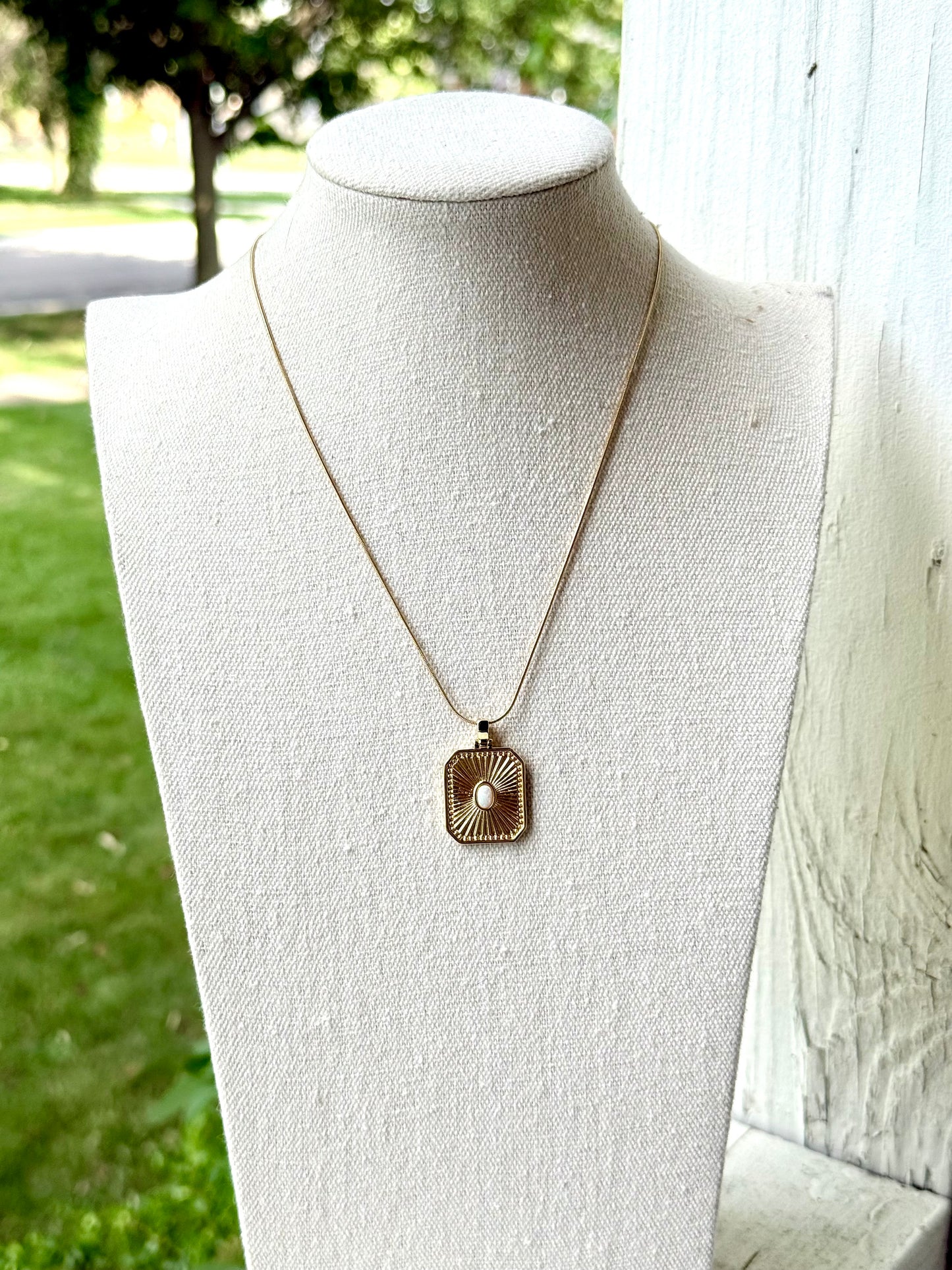 Opal + Gold Rectangle Pendant Necklace