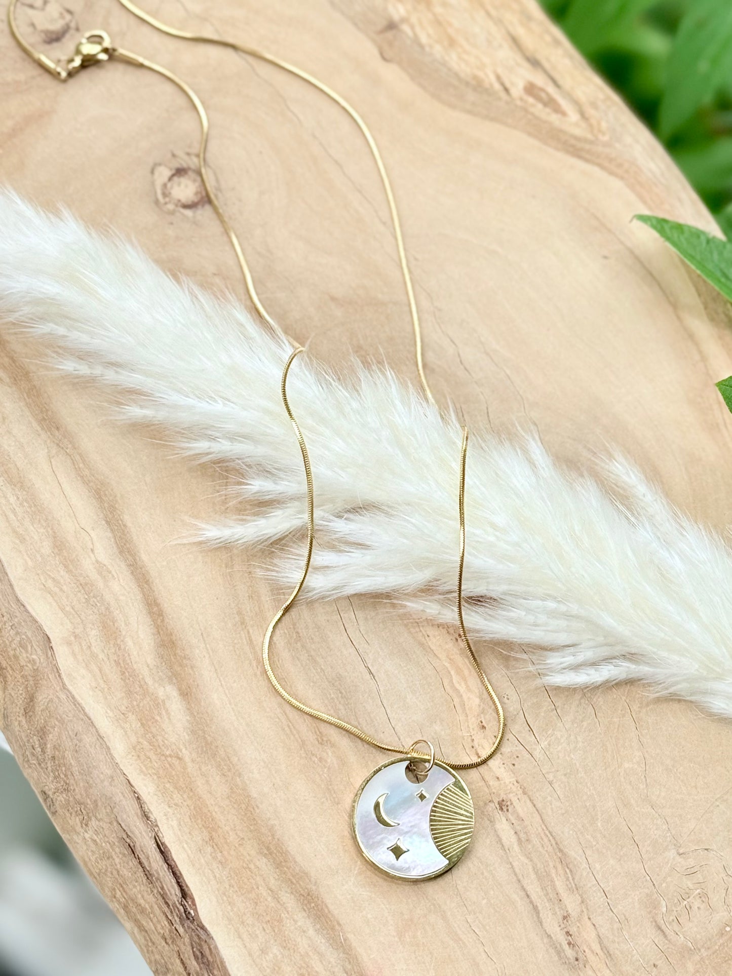 Mother of Pearl + Gold Stainless Steel Moon Pendant Necklace