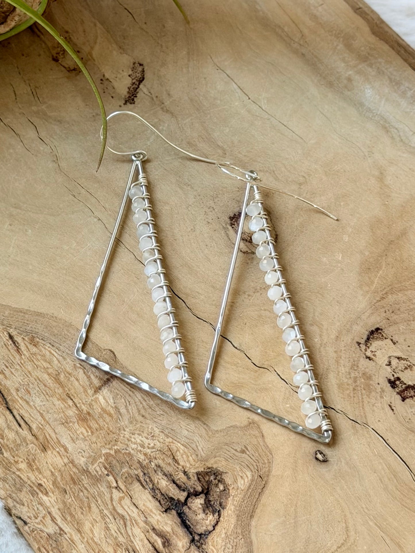 White Moonstone + Silver Large Triangle Earrings