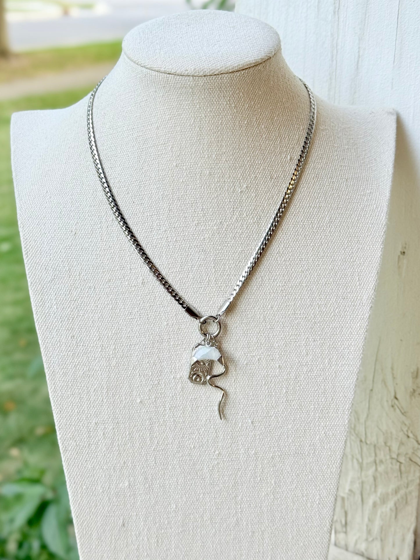 Rainbow Moonstone Moon + Silver Carabiner Charm Necklace