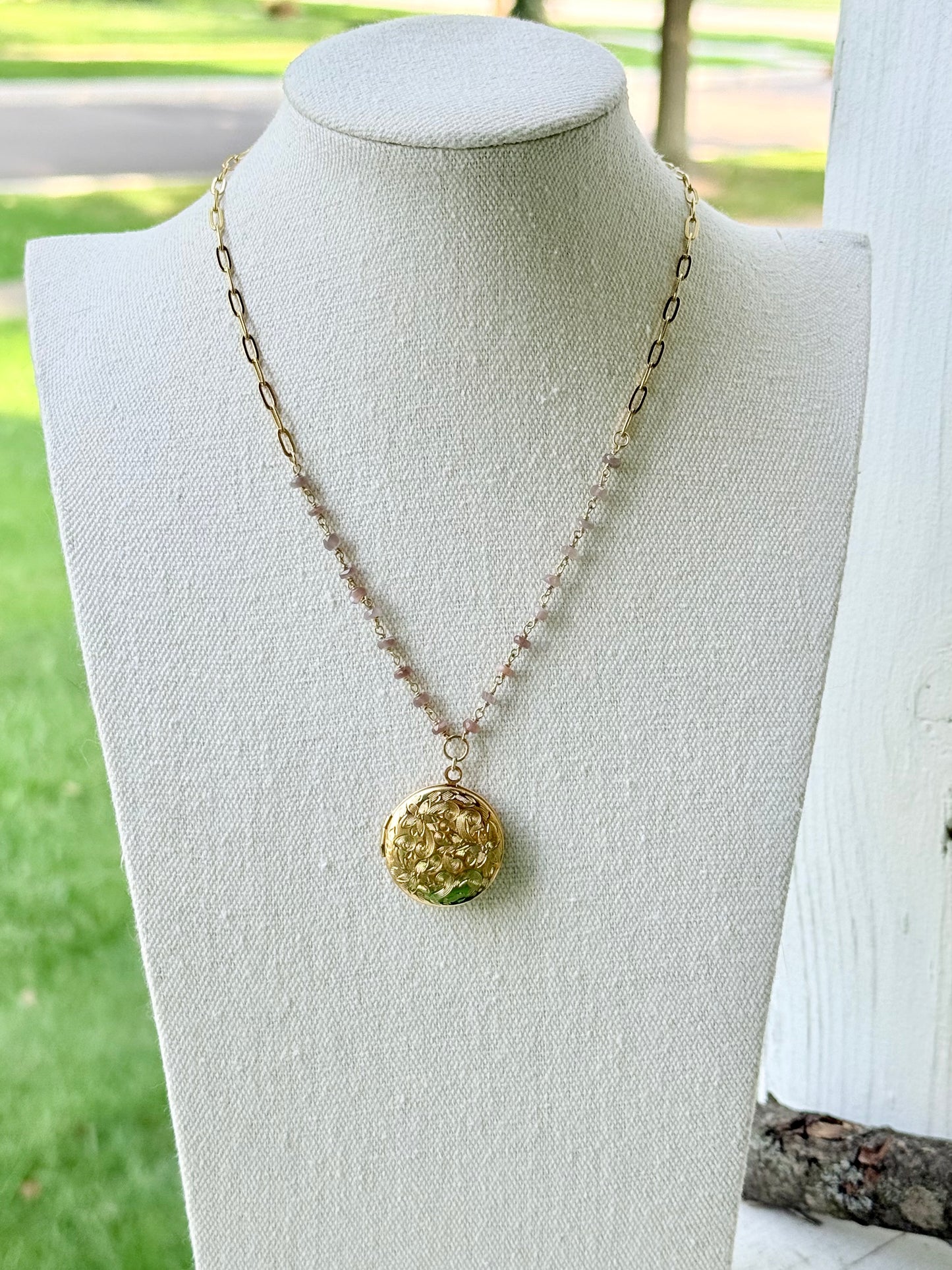 Chocolate Moonstone + Gold Circle Locket Necklace