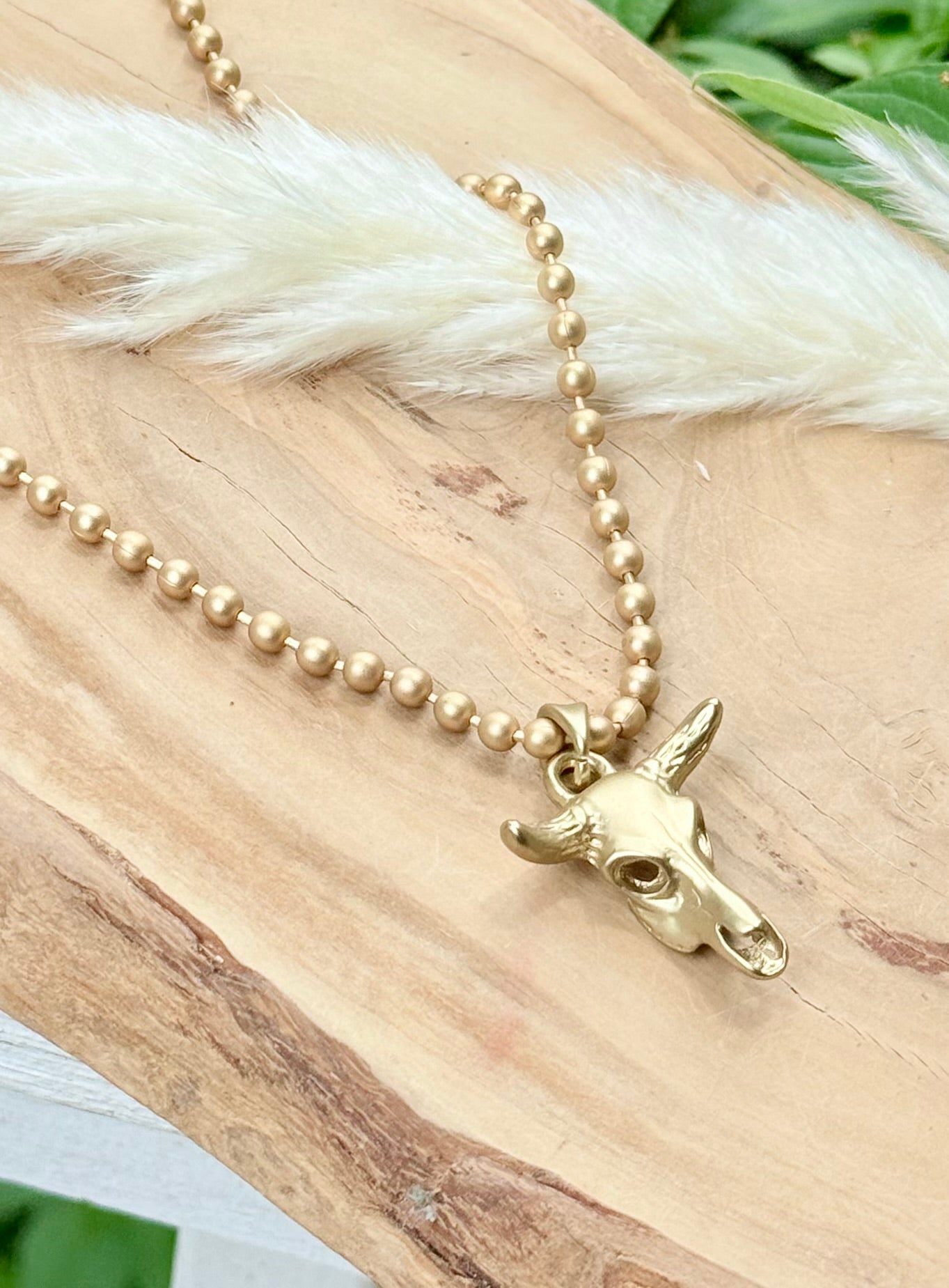 Matte Gold Cow Skull Necklace