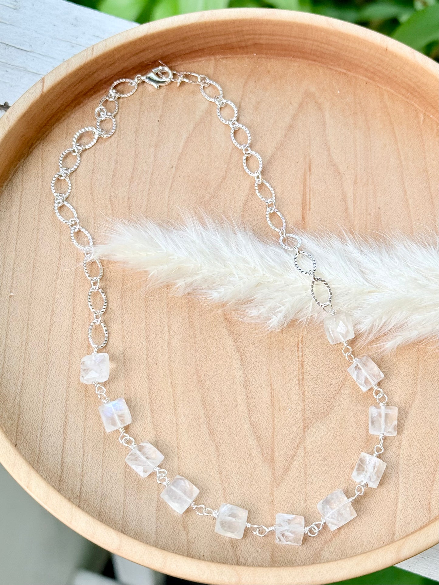 Rainbow Moonstone + Silver Square Necklace