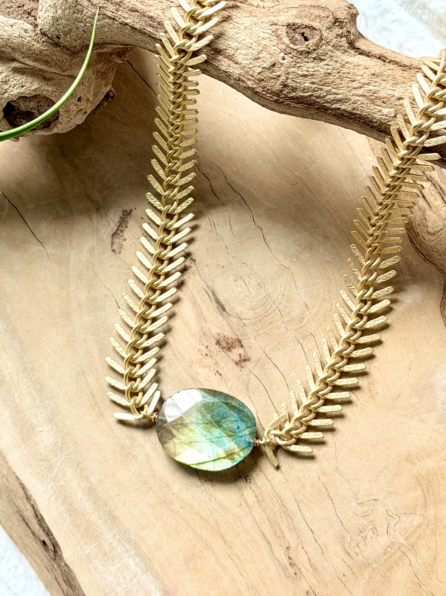 Rainbow Labradorite + Matte Gold Half-Moon Chain Necklace