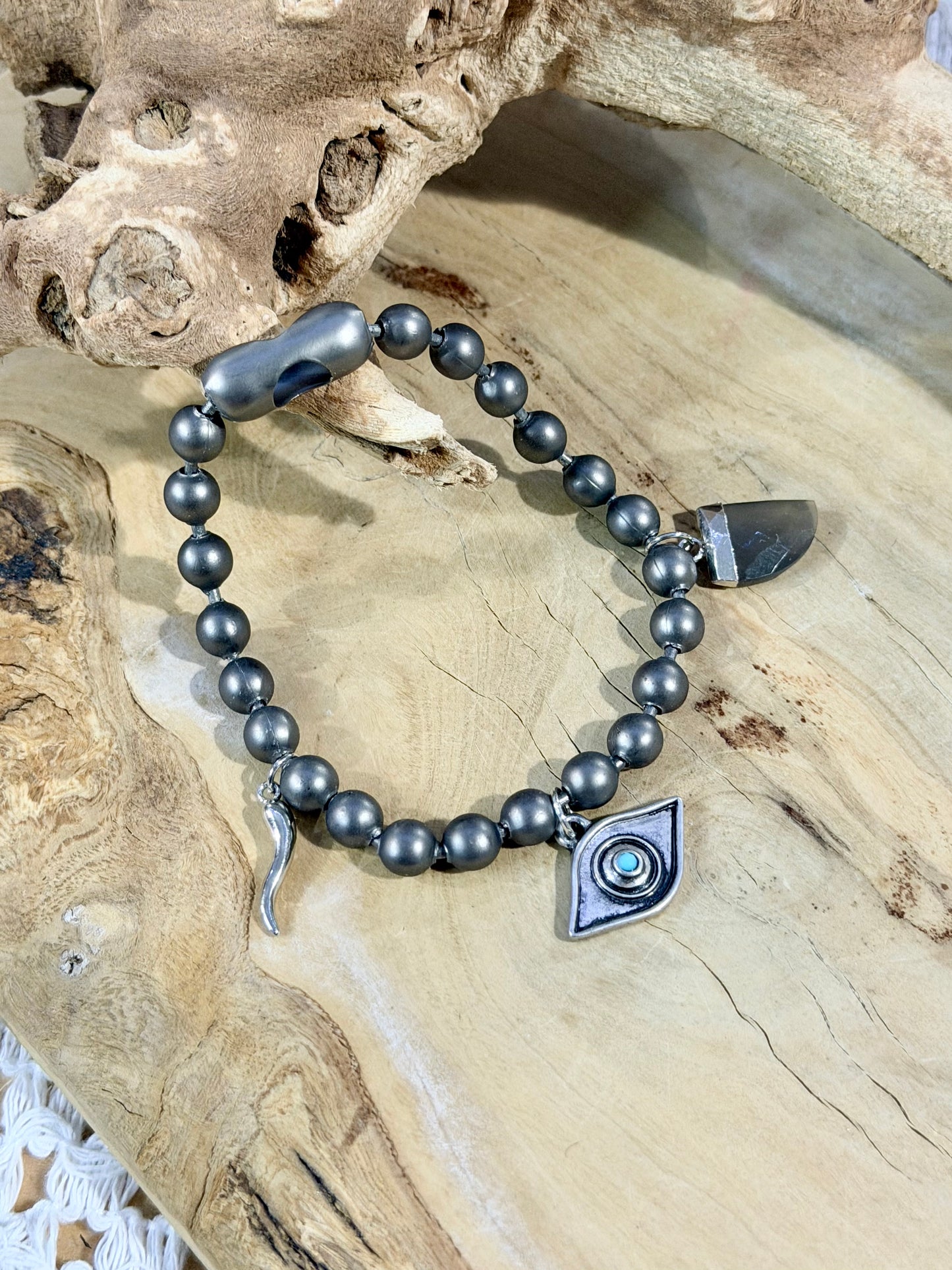 Gray Moonstone + Matte Gunmetal Ball Chain Bracelet