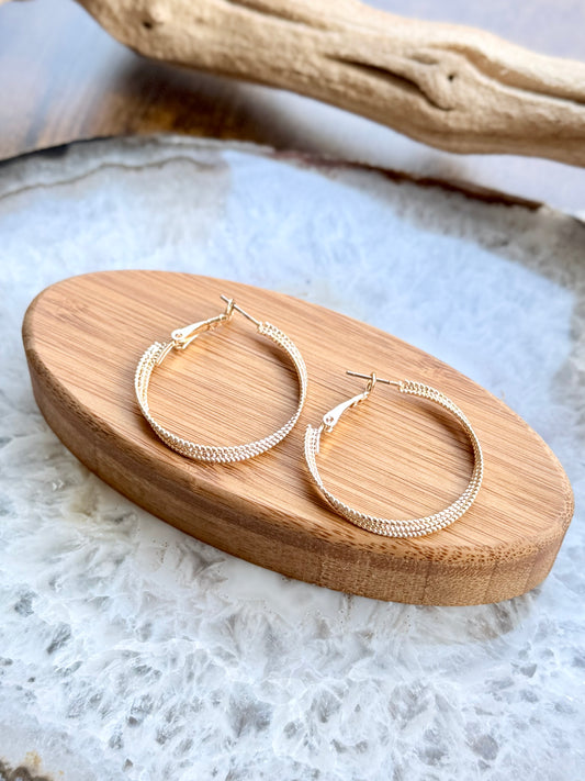 Gold Stainless Steel Textured Trio Hoops Earrings