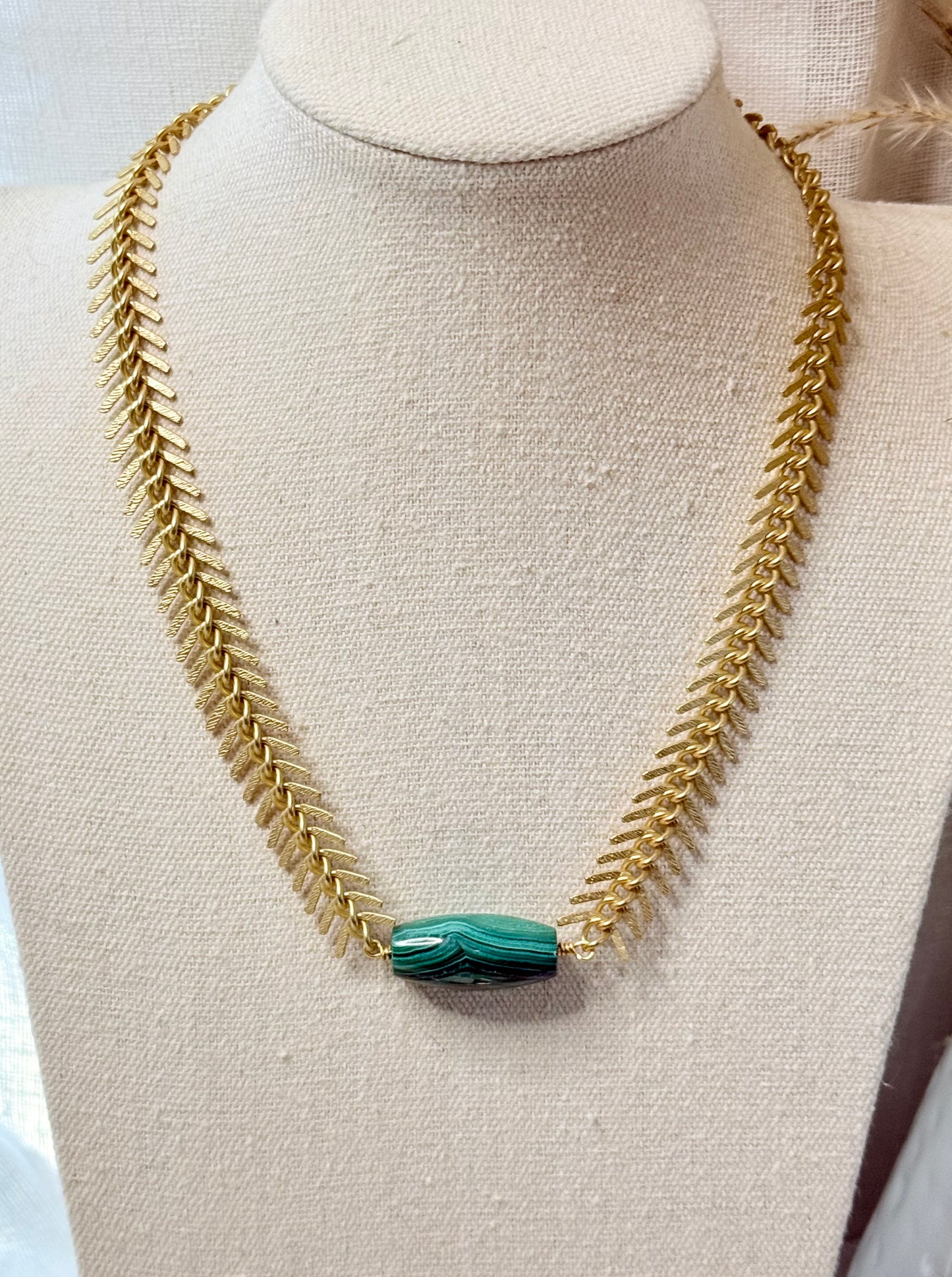 Malachite + Matte Gold Fishbone Chain Necklace
