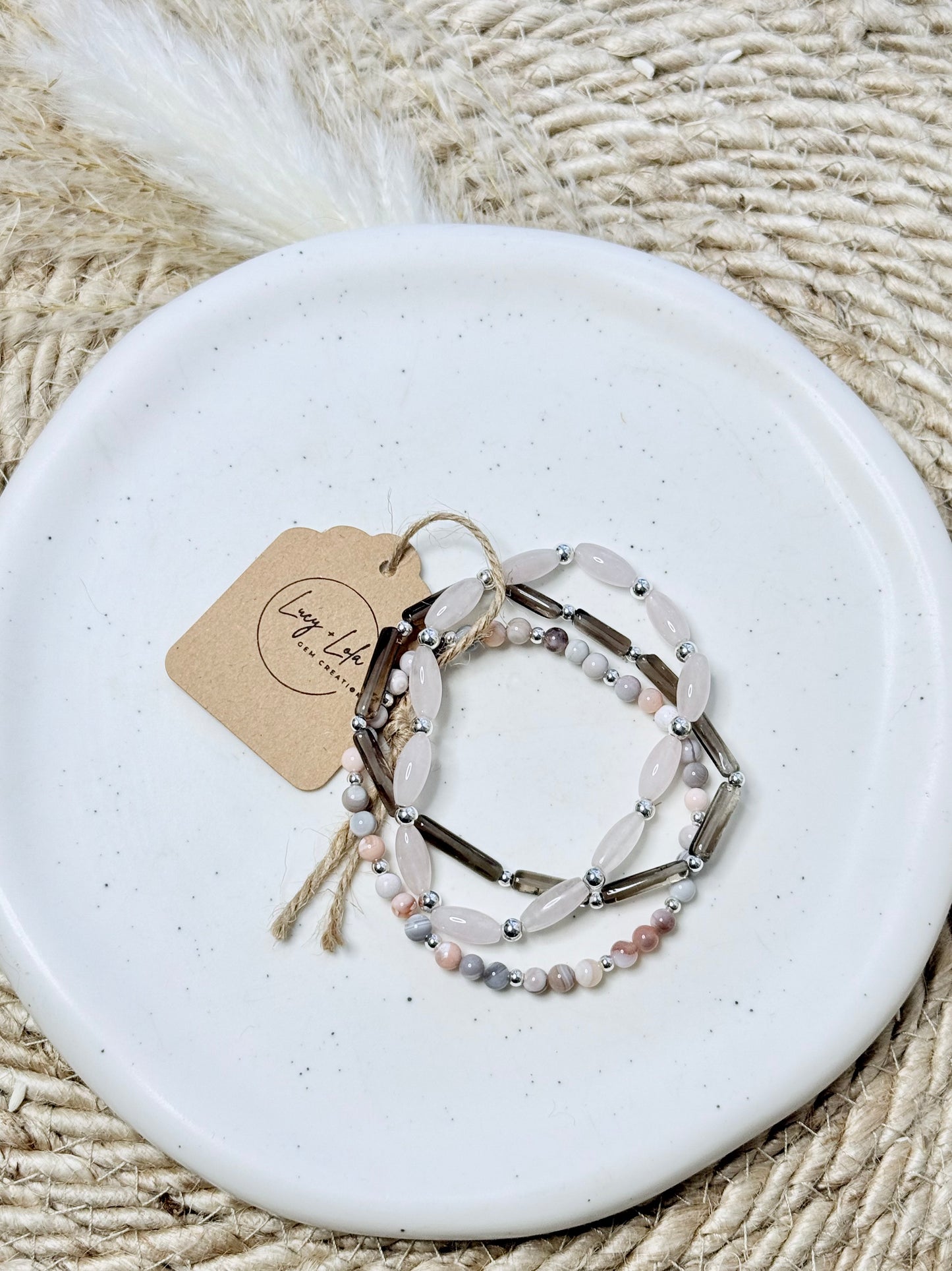 Pink Botswana Agate + Quartz in Silver Stack (3-stack)