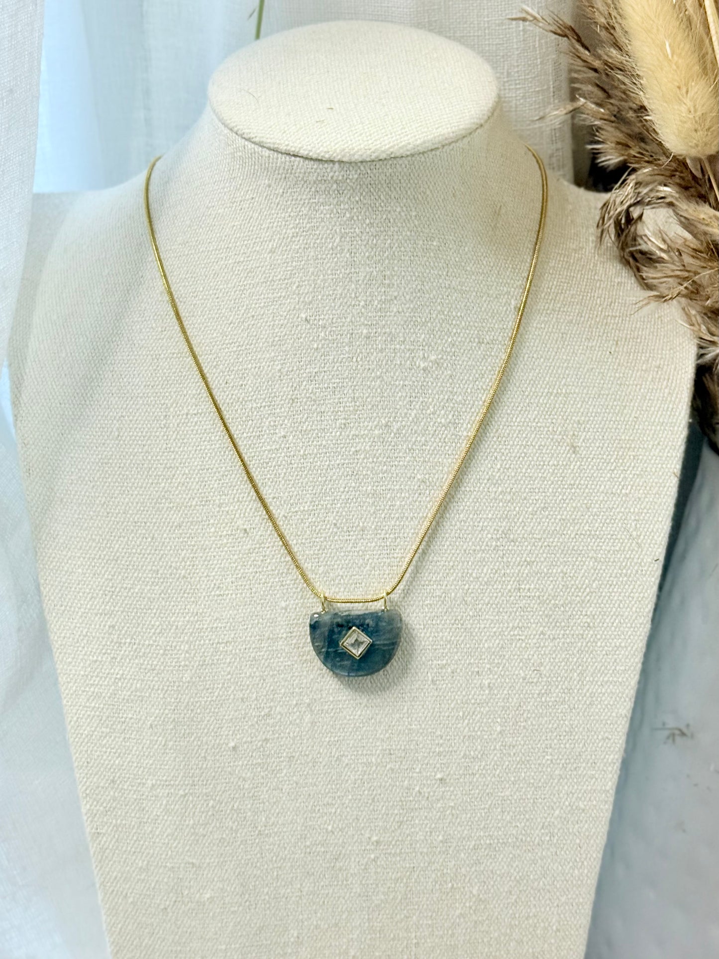 Labradorite + White Topaz Gold Half-Moon Necklace