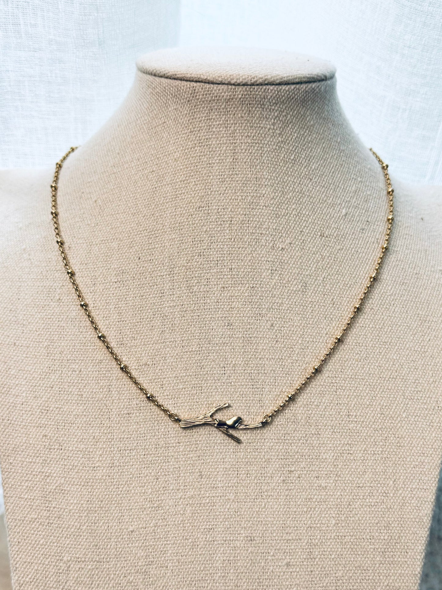 Bird on a Branch Matte Gold Necklace