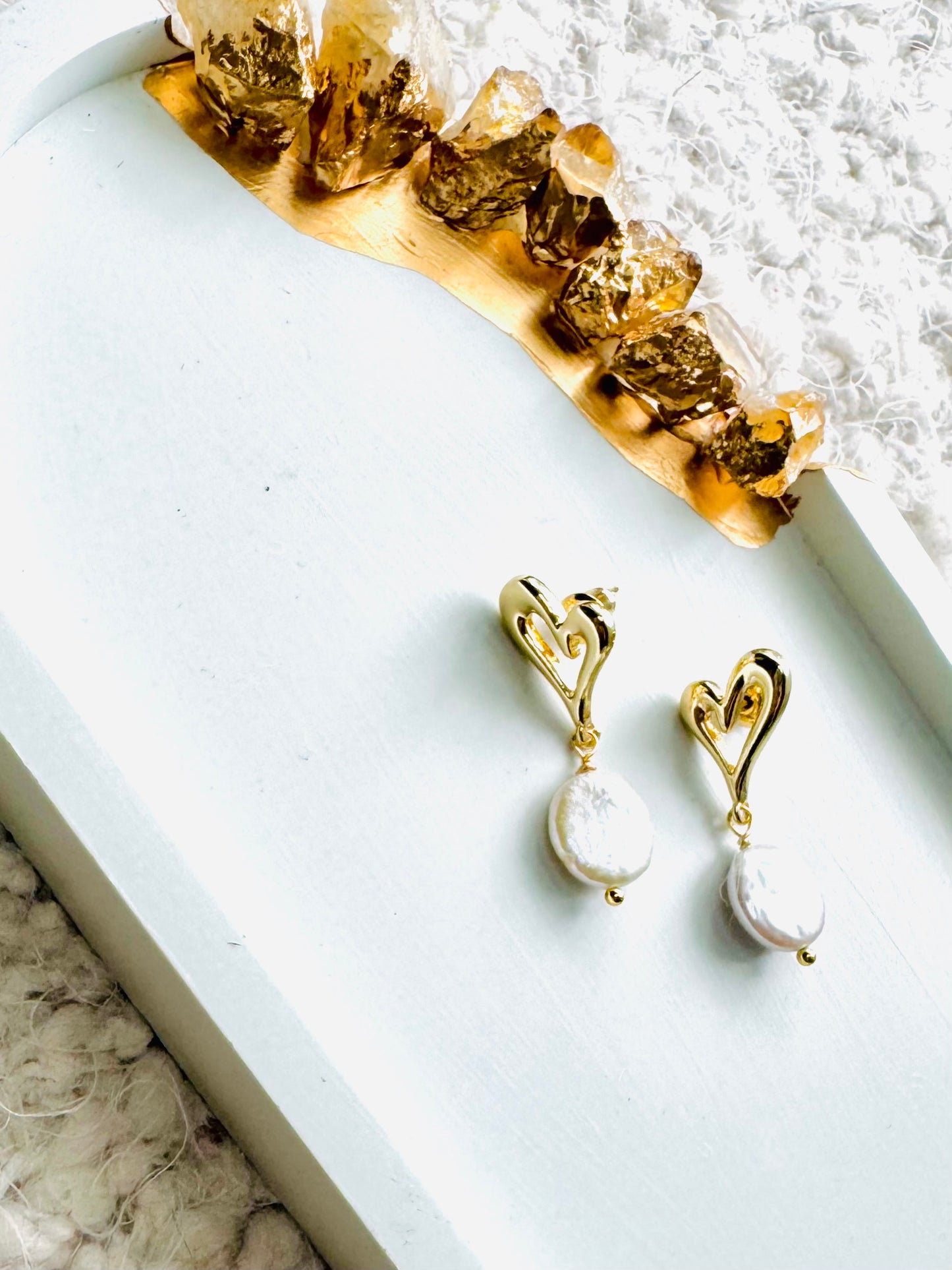 Freshwater Keishi Disc Pearl + Gold Heart Earrings