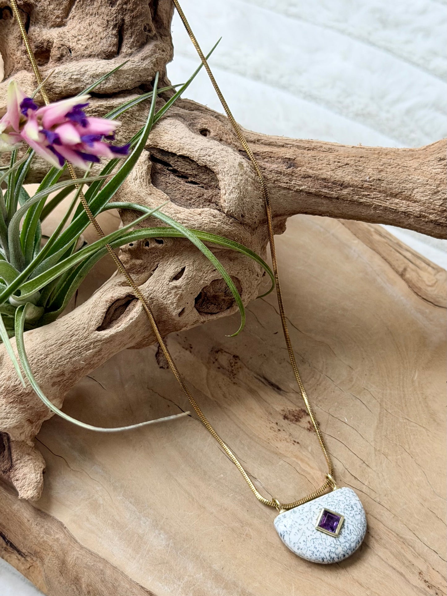 Dendritic Opal + Amethyst Gold Half-Moon Necklace