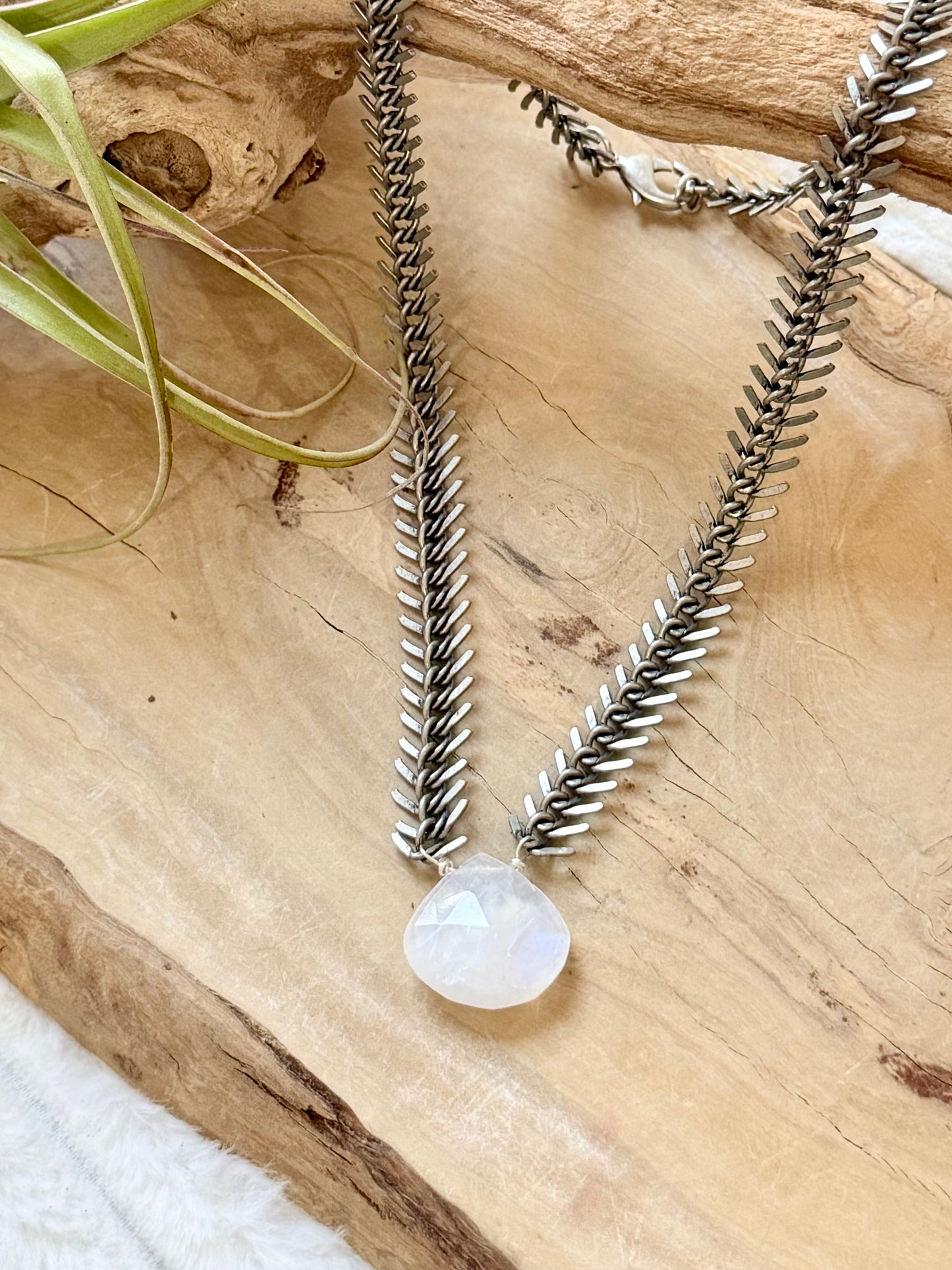 Rainbow Moonstone + Gunmetal Fishbone Necklace