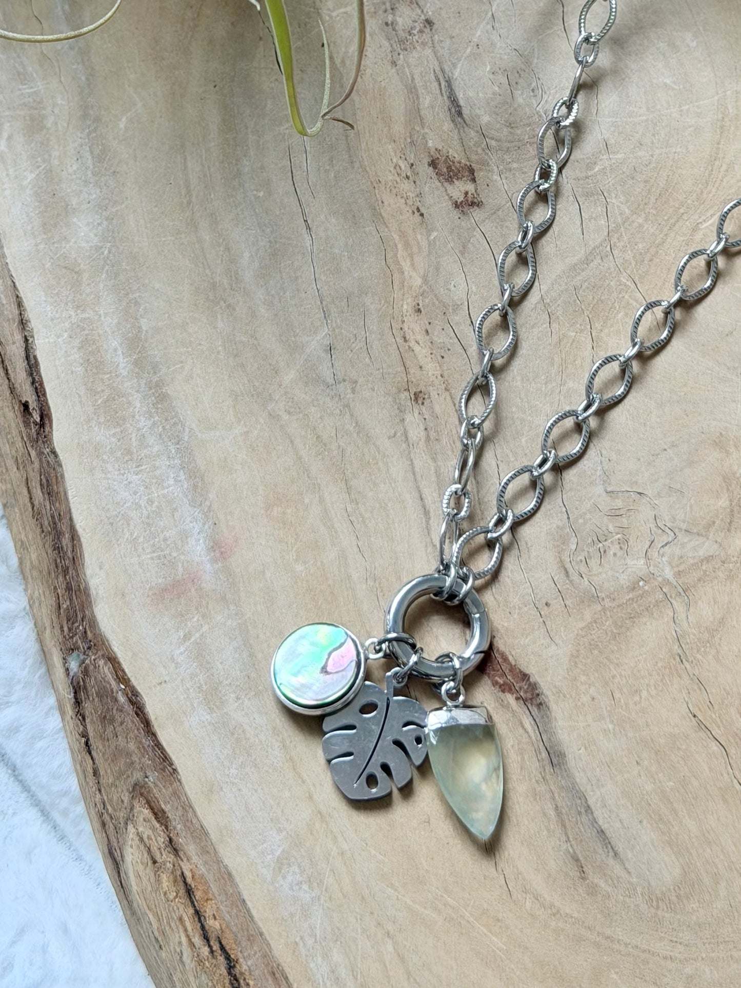 Prehnite + Abalone Silver Stainless Carabiner Charm Necklace
