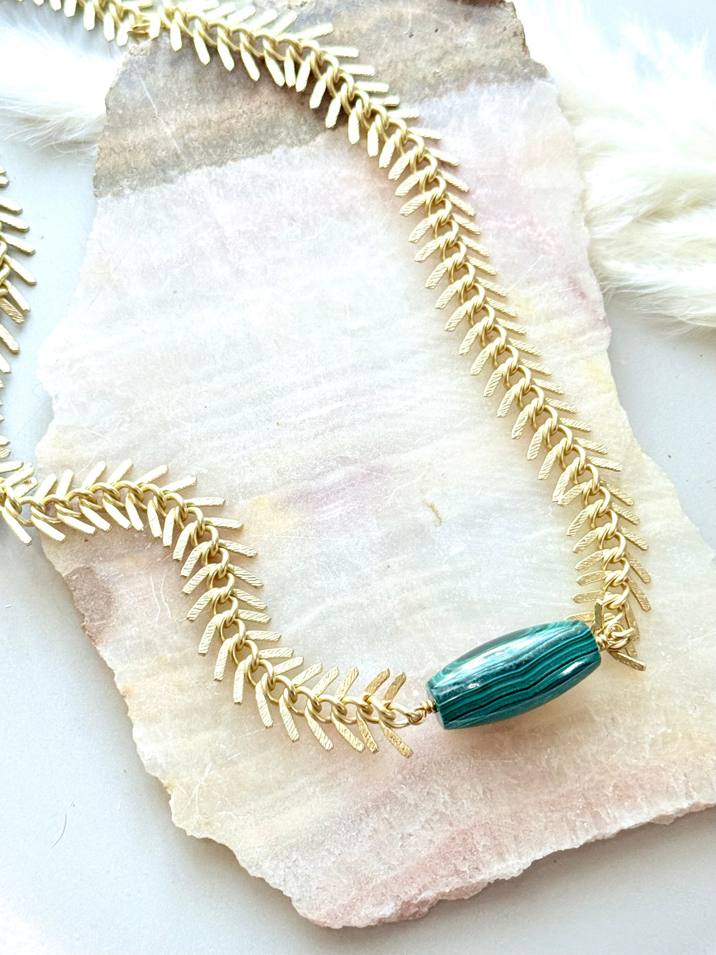 Malachite + Matte Gold Fishbone Chain Necklace