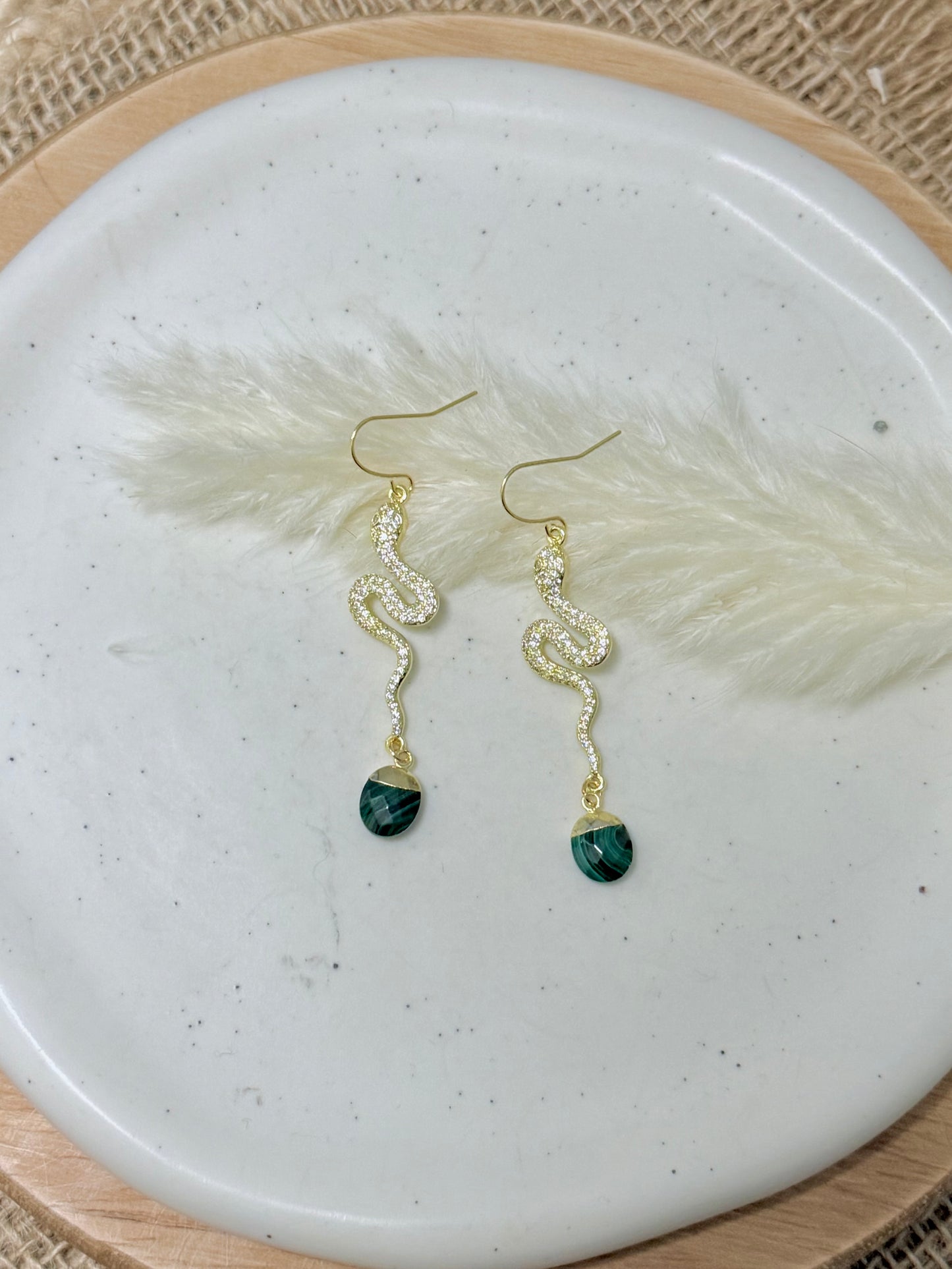 Malachite + Gold Crystal Snake Earrings