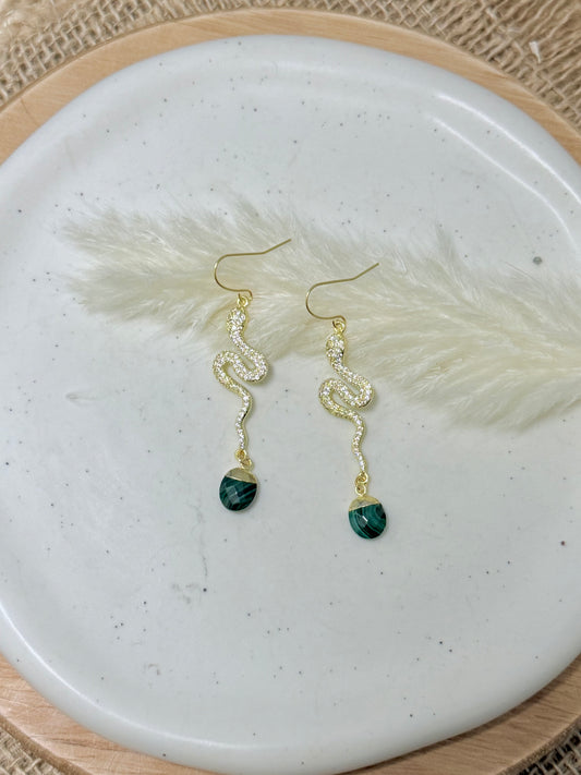 Malachite + Gold Crystal Snake Earrings