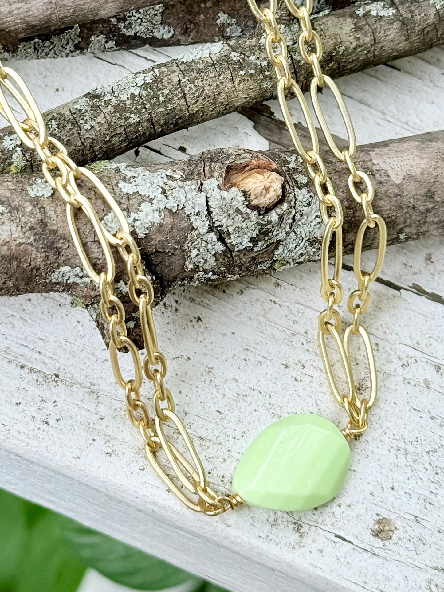 Lemon Chrysoprase + Matte Gold Double Chain Necklace