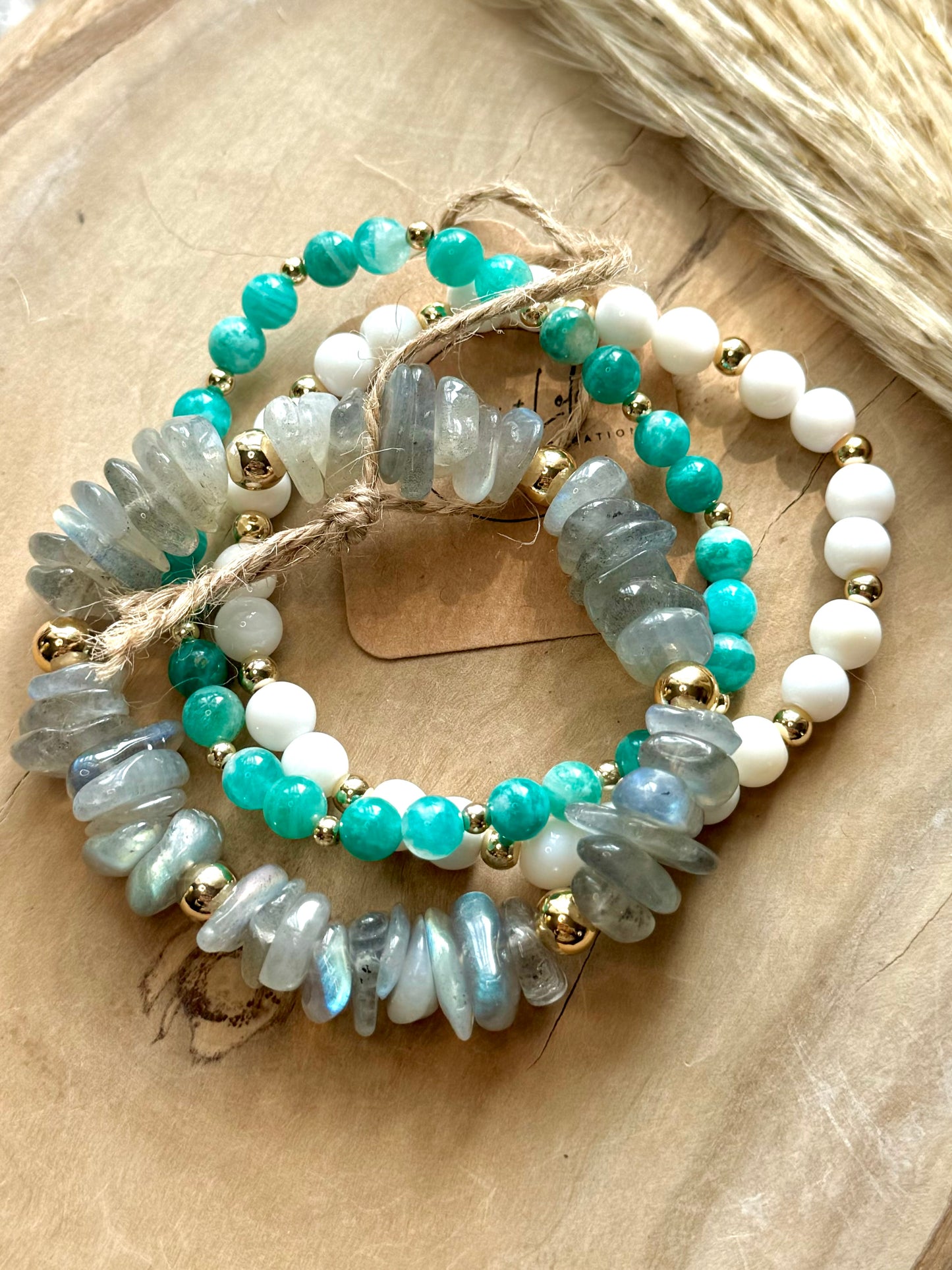 Amazonite + Labradorite in Gold (3-stack)