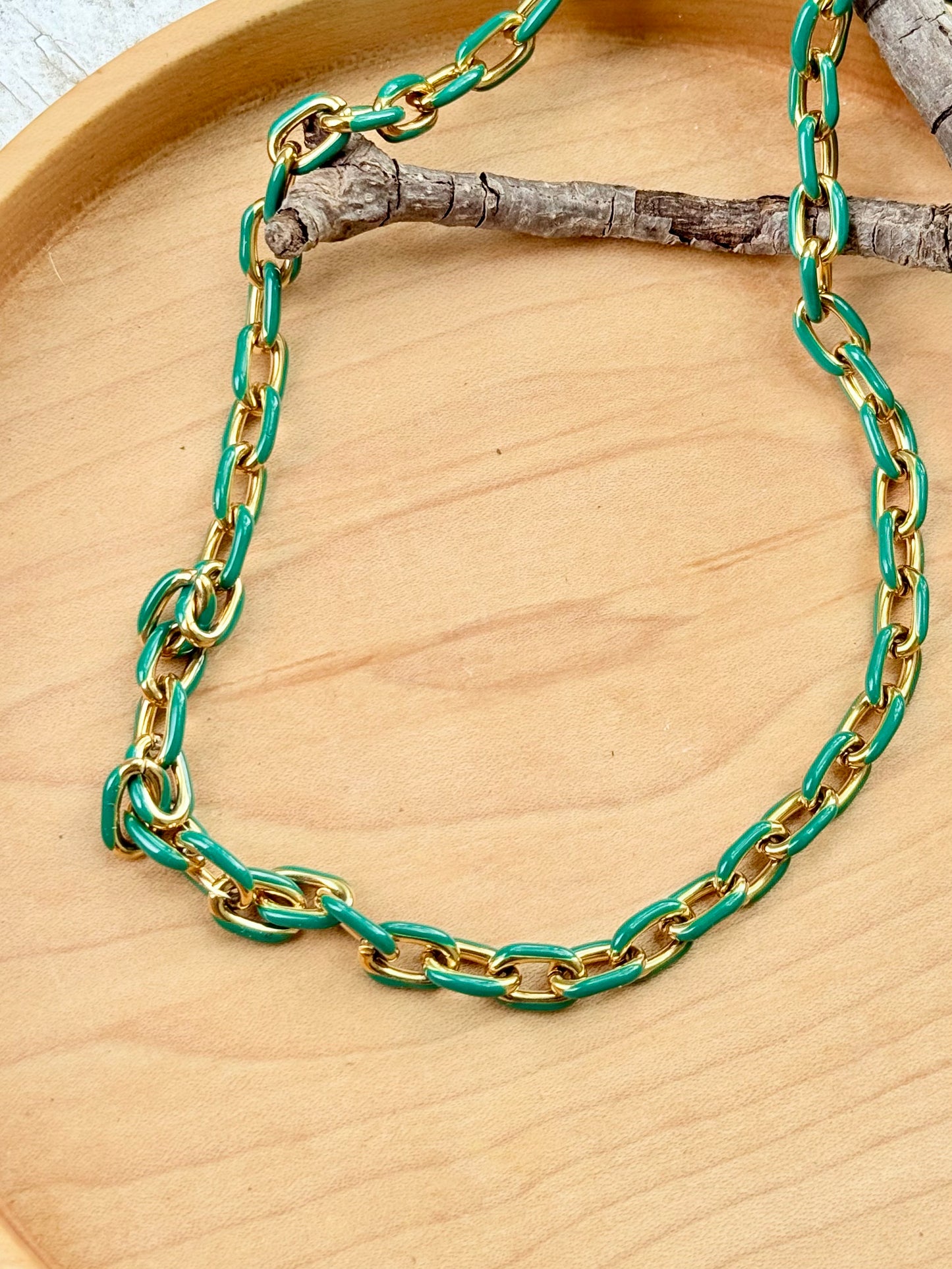 Green + Gold Stainless Steel Link Necklace