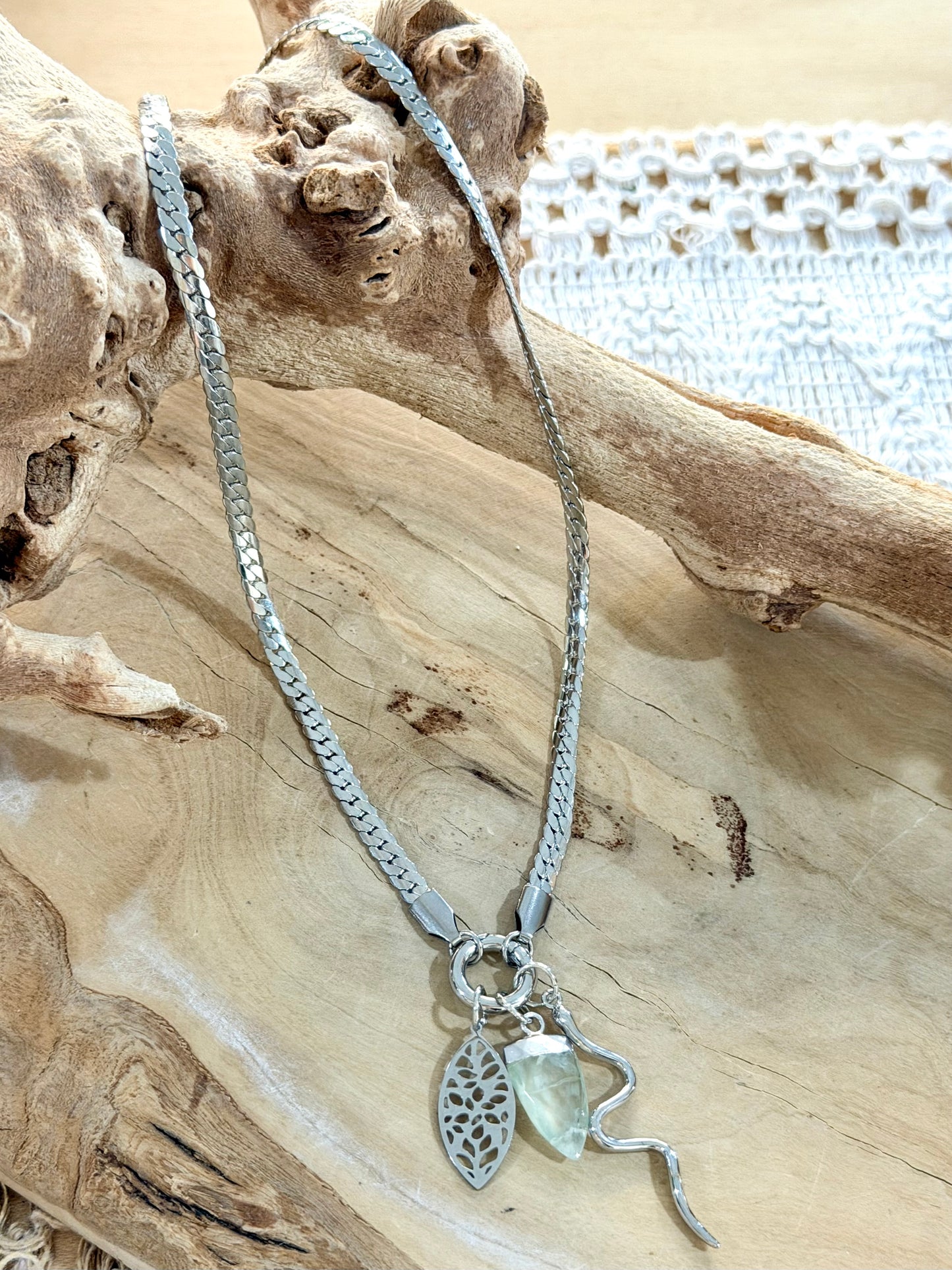 Prehnite + Silver Carabiner Charm Necklace