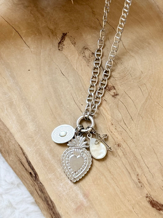 Mother of Pearl + Silver Stainless Carabiner Charm Necklace