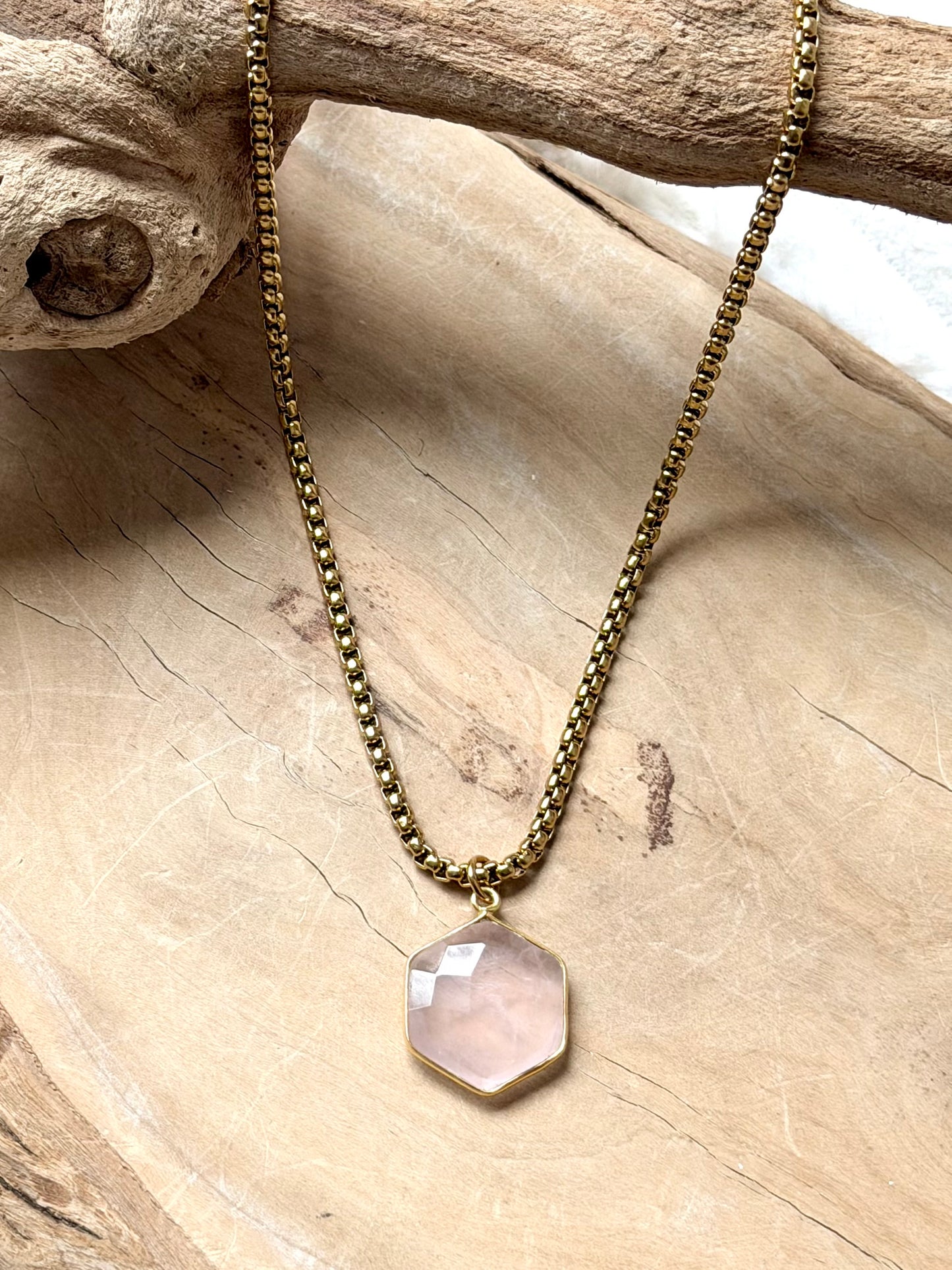 Rose Quartz + Gold Stainless Steel Necklace