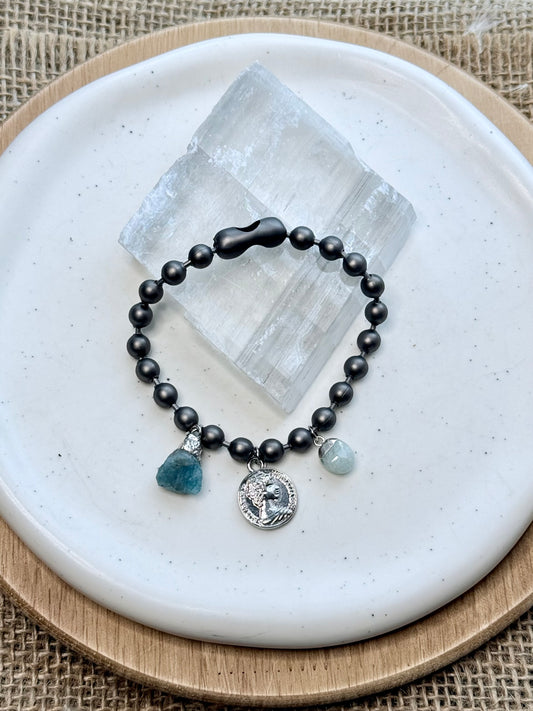 Chunky Matte Gunmetal Ball +  Silver Coin Charm Bracelet