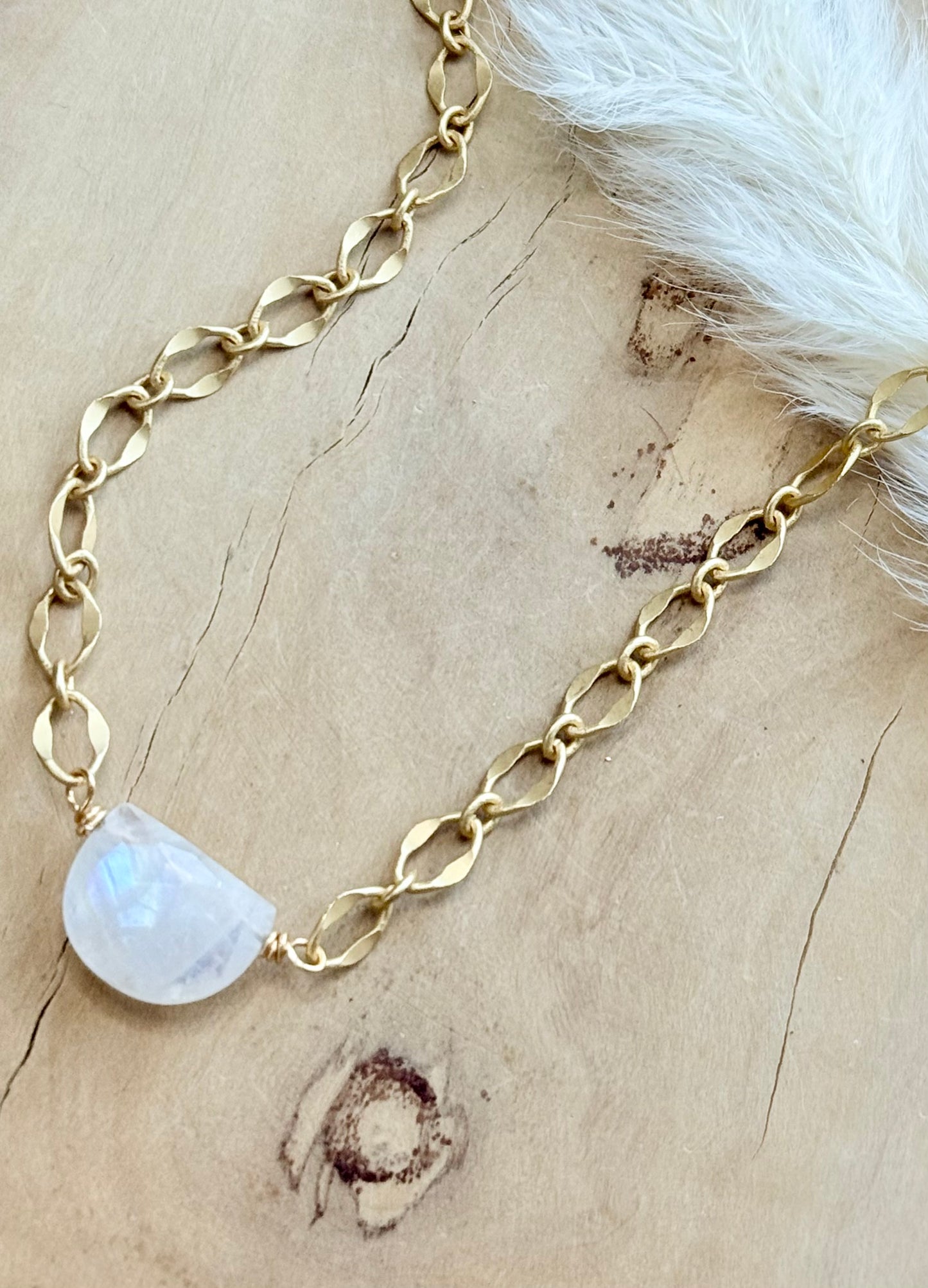 Rainbow Moonstone + Matte Gold Half Moon Necklace