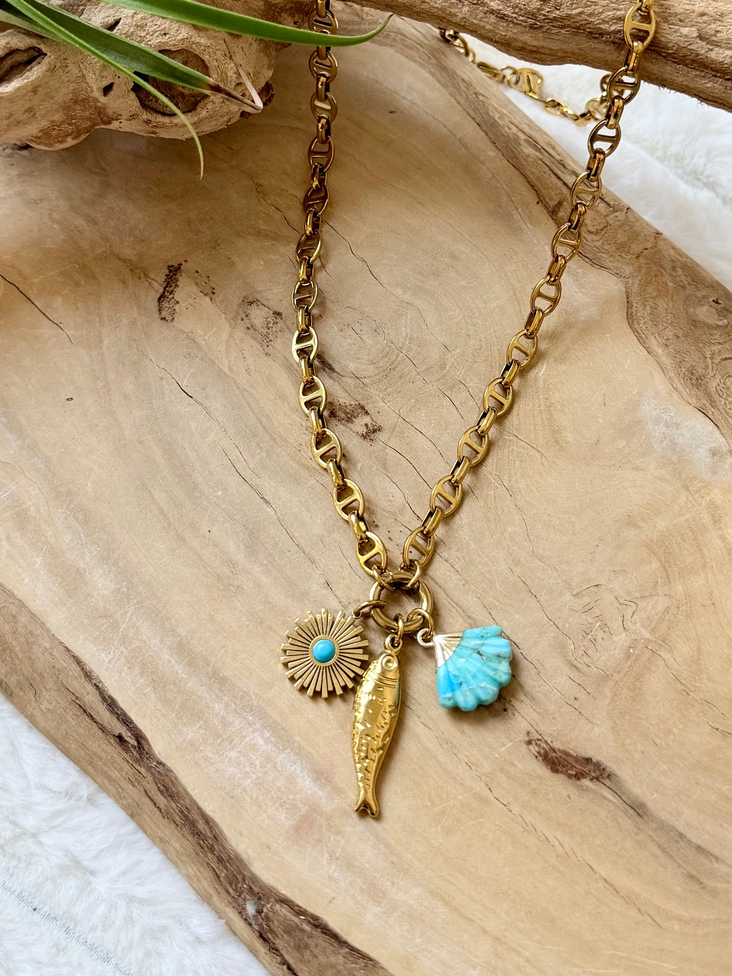 Turquoise Shell + Gold Stainless Carabiner Charm Necklace