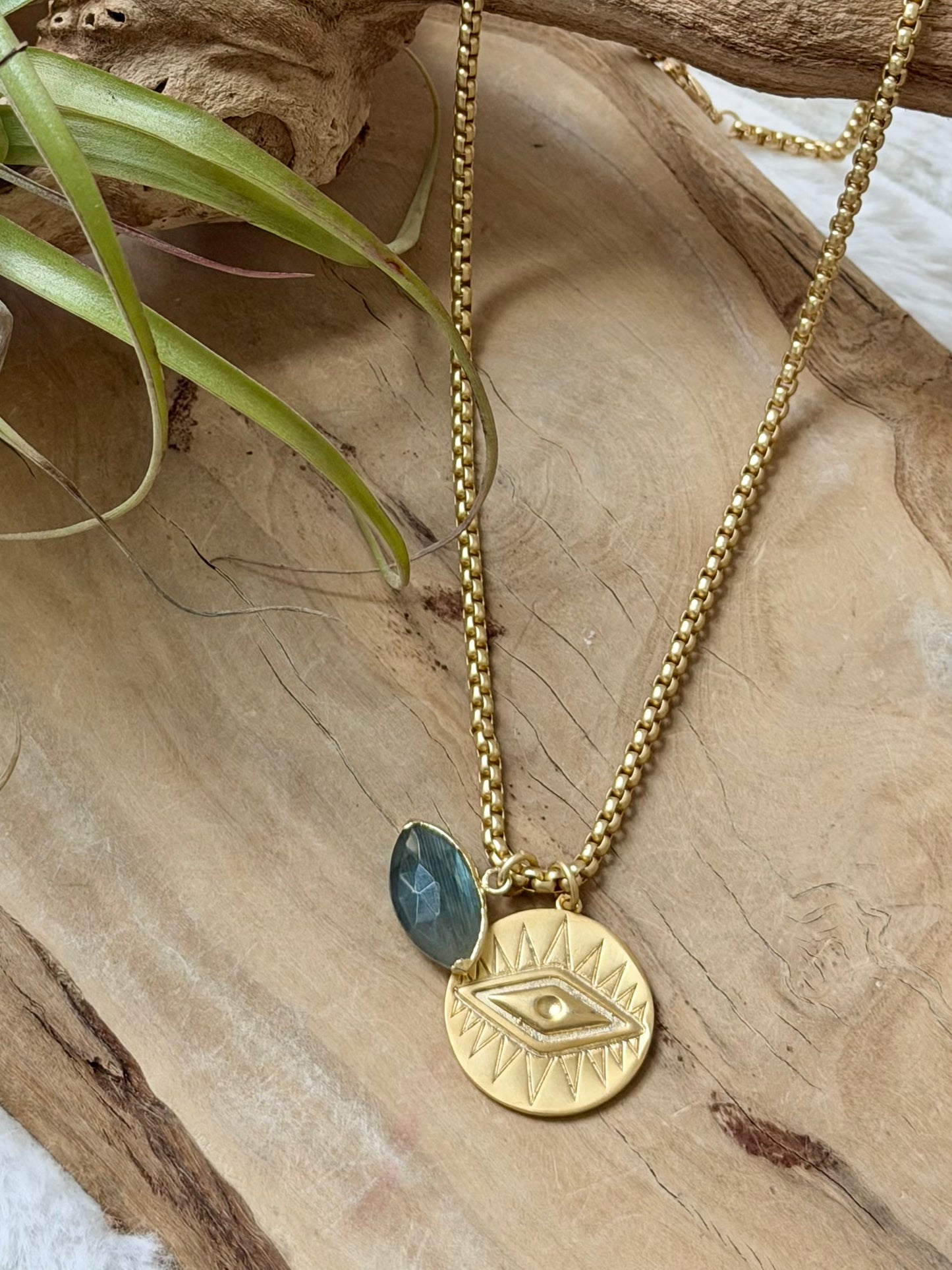 Labradorite Eye + Matte Gold Evil Eye Necklace