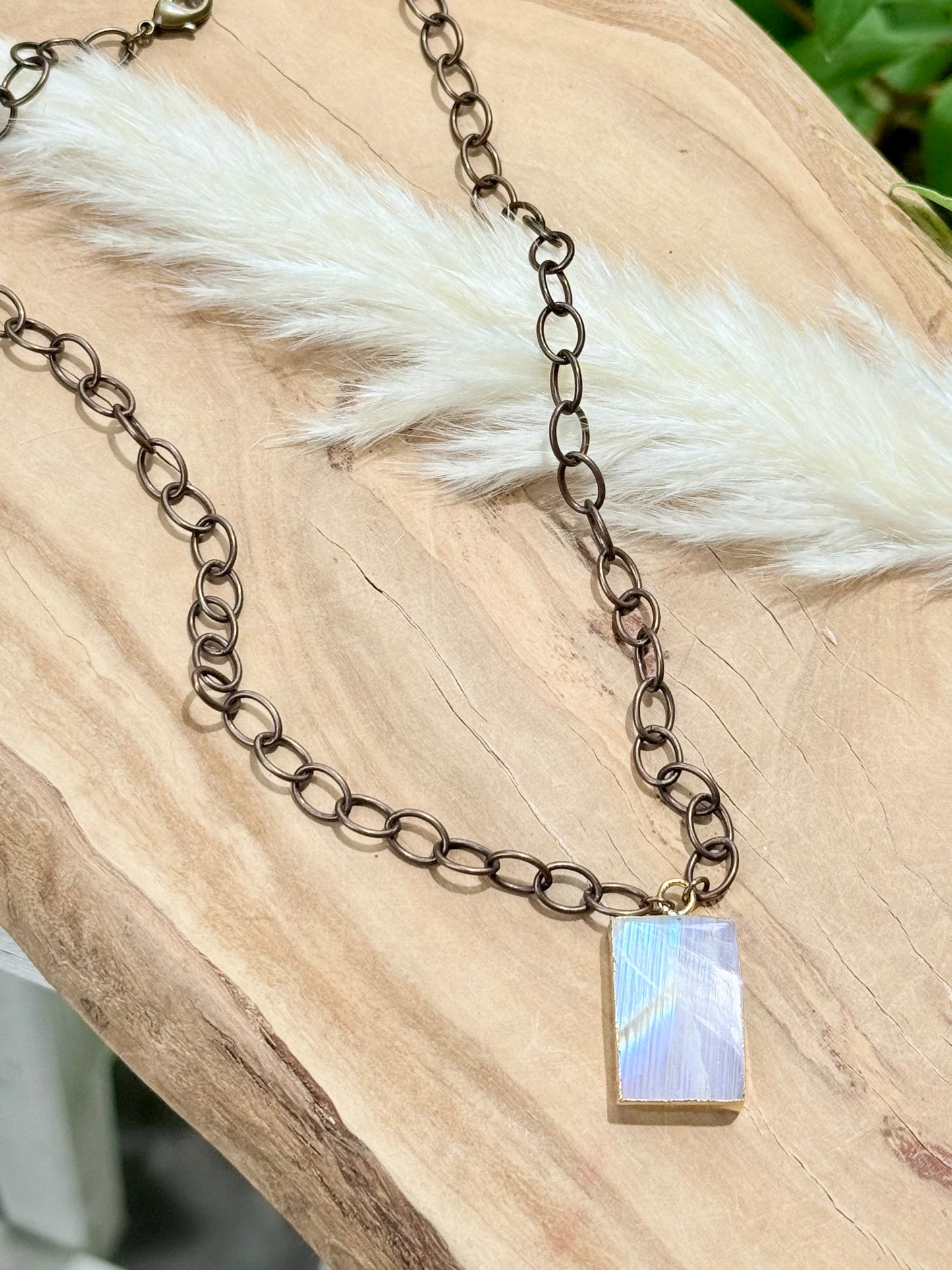 Rainbow Moonstone Rectangle + Antique Bronze Necklace