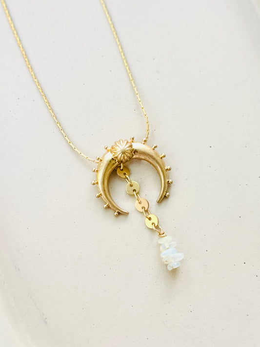 Moonstone + Ethiopian Opal Gold Half Moon Necklace
