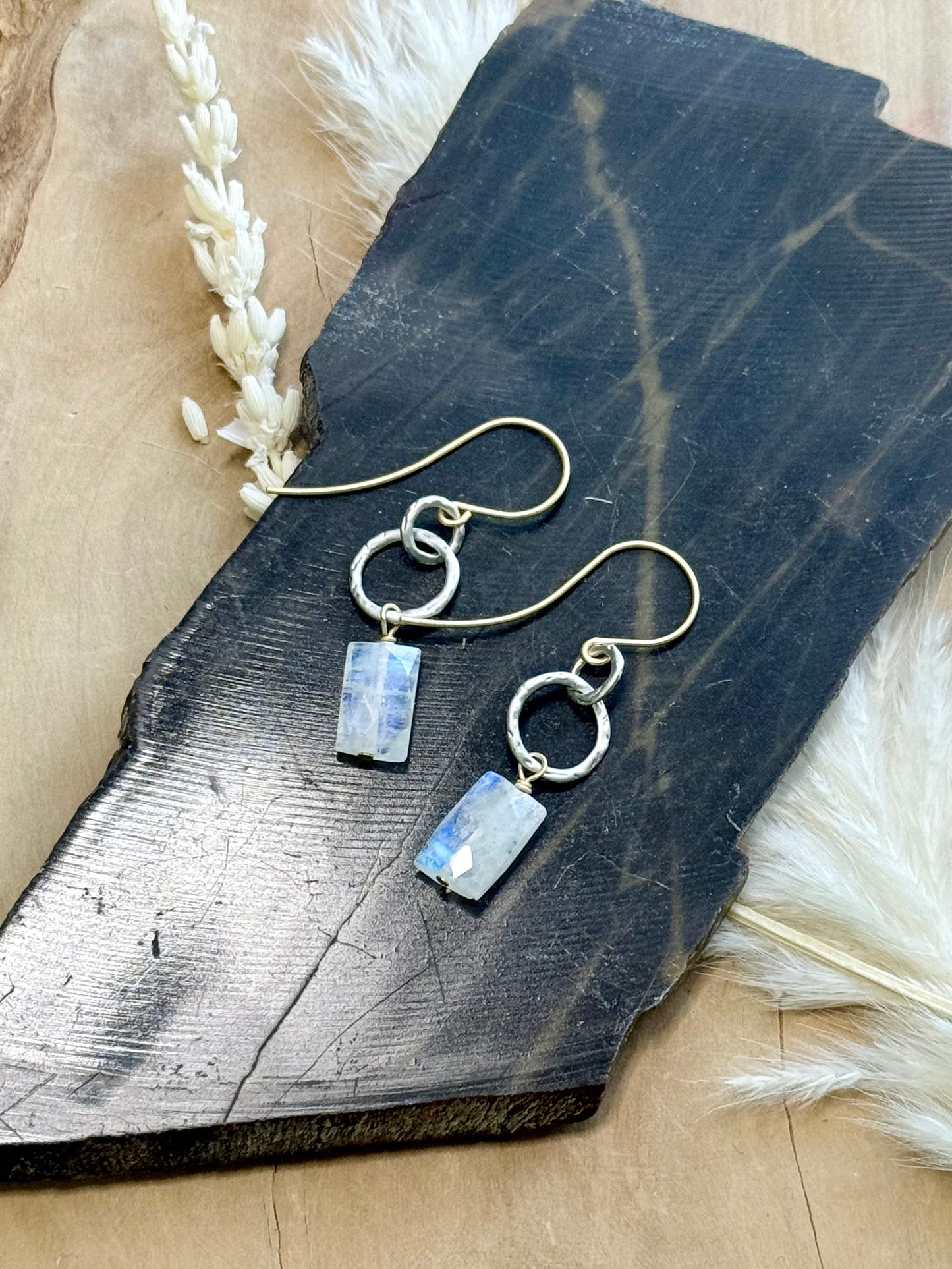 Rainbow Moonstone + Mixed Metal Matte Earrings