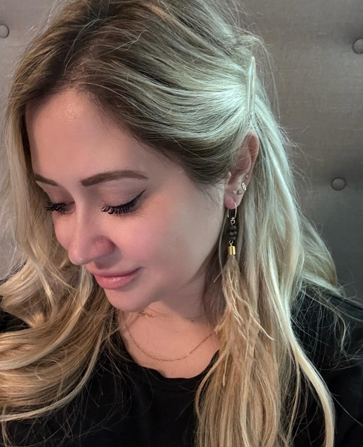 Turquoise + Gold Gray Feather Earrings