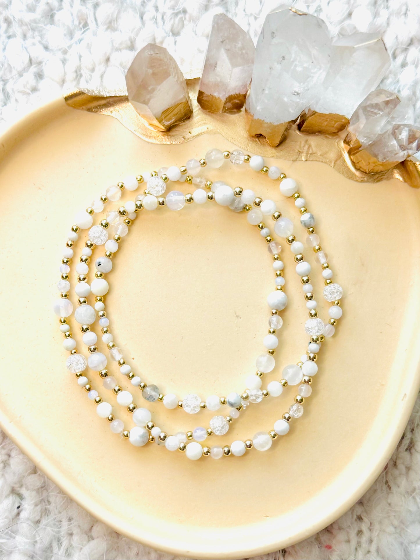 Mixed White Mini Gems + Gold (3-stack)