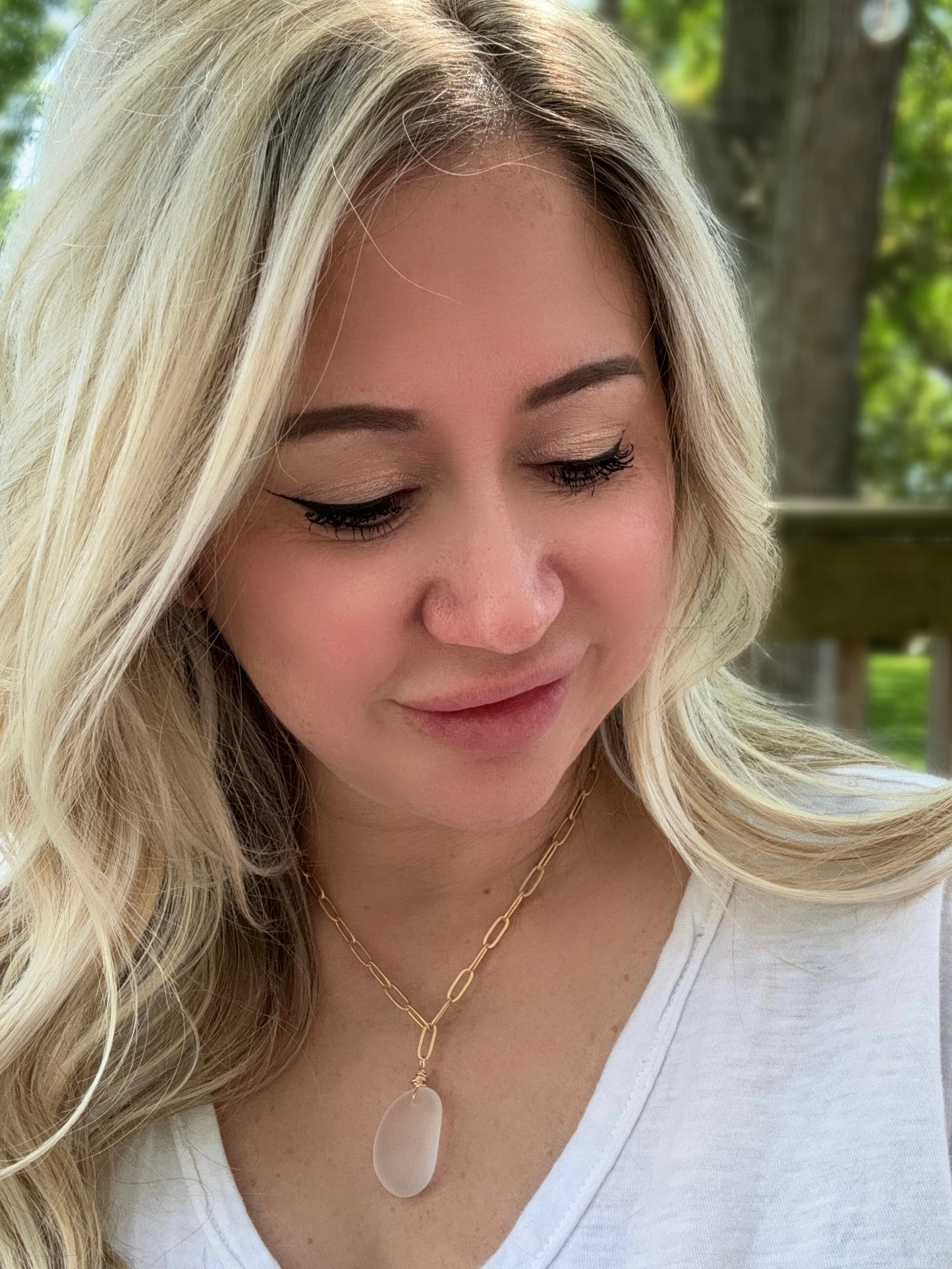 Frosted Sea Glass + Matte Gold Paperclip Necklace