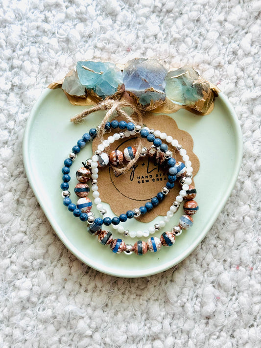 Blue + Tibetan Agate in Silver Stack (3-stack)