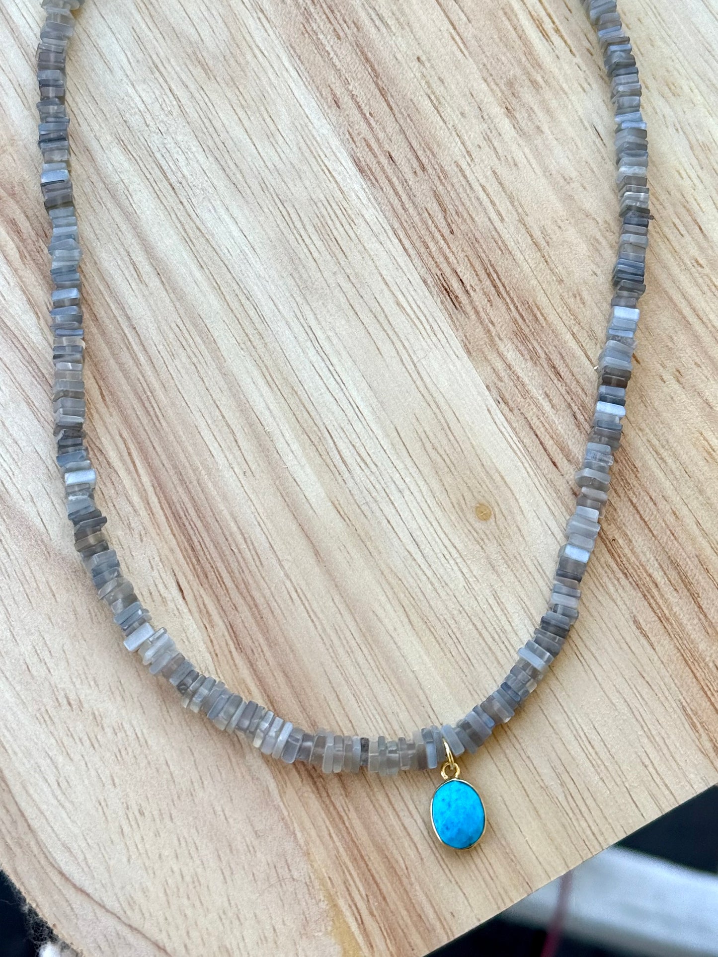 Gray Moonstone + Turquoise Gold Beaded Necklace