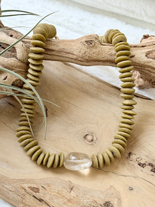 Gold Rutile Quartz + Tan African Glass Chunky Necklace